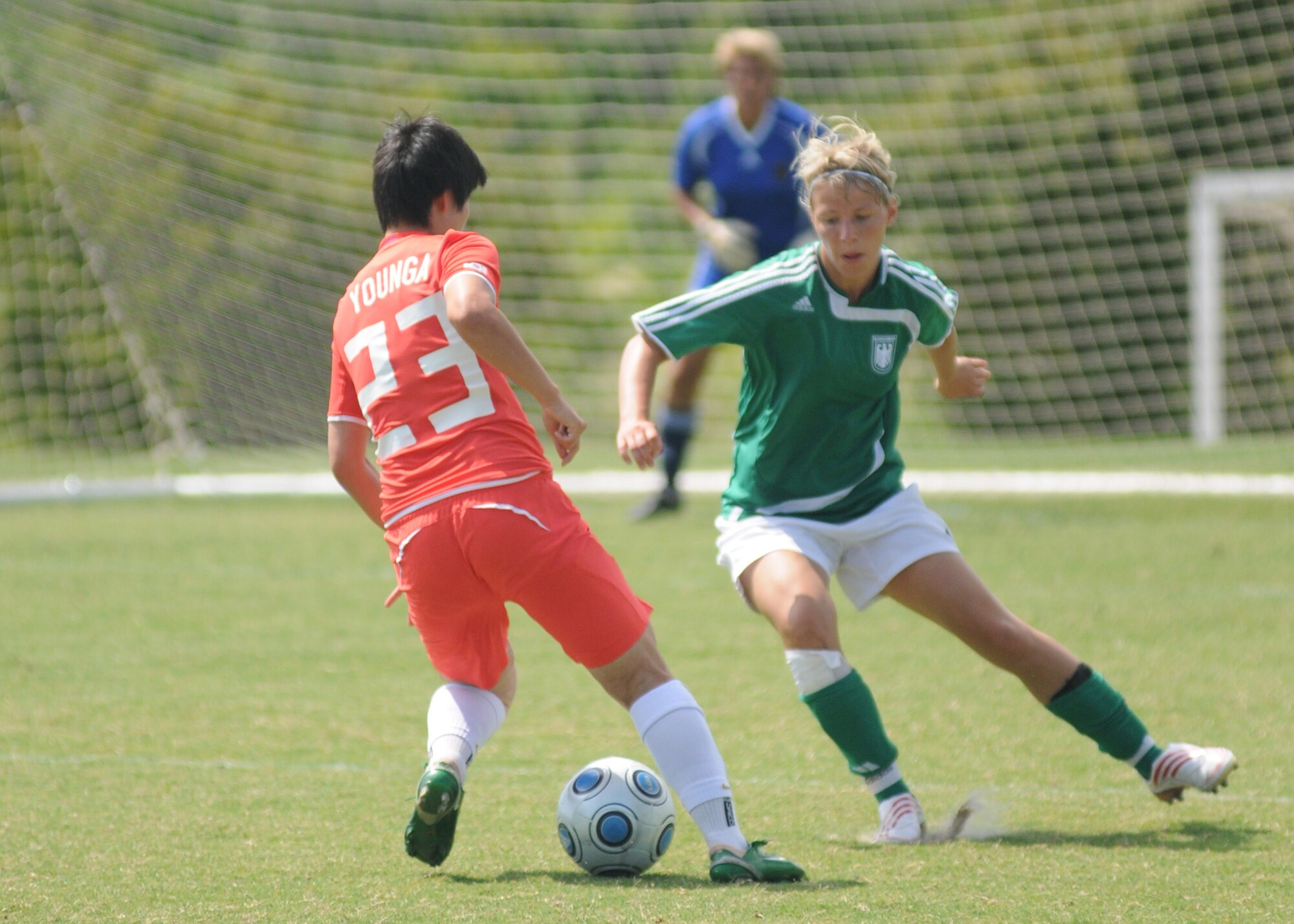 Germany and The Republic of South Korea compete during the 5th CISM Women’s Soccer Championship at the Gulfport Sports Complex 9 June.  The CISM tournament, hosted by Keesler Air Force Base, includes teams from Brazil, Canada, France, Germany, The Netherlands, The Republic of South Korea and the United States.  Matches are being held June 6 to 13, with the Gold match June 13 at 2 p.m.  Organizers say the tournament gives teams and people who attend a chance to develop bonds and life-long friendships between the countries and a chance to learn about one another’s cultural similarities and differences.  (U.S. Air Force photo by Kemberly Groue)
