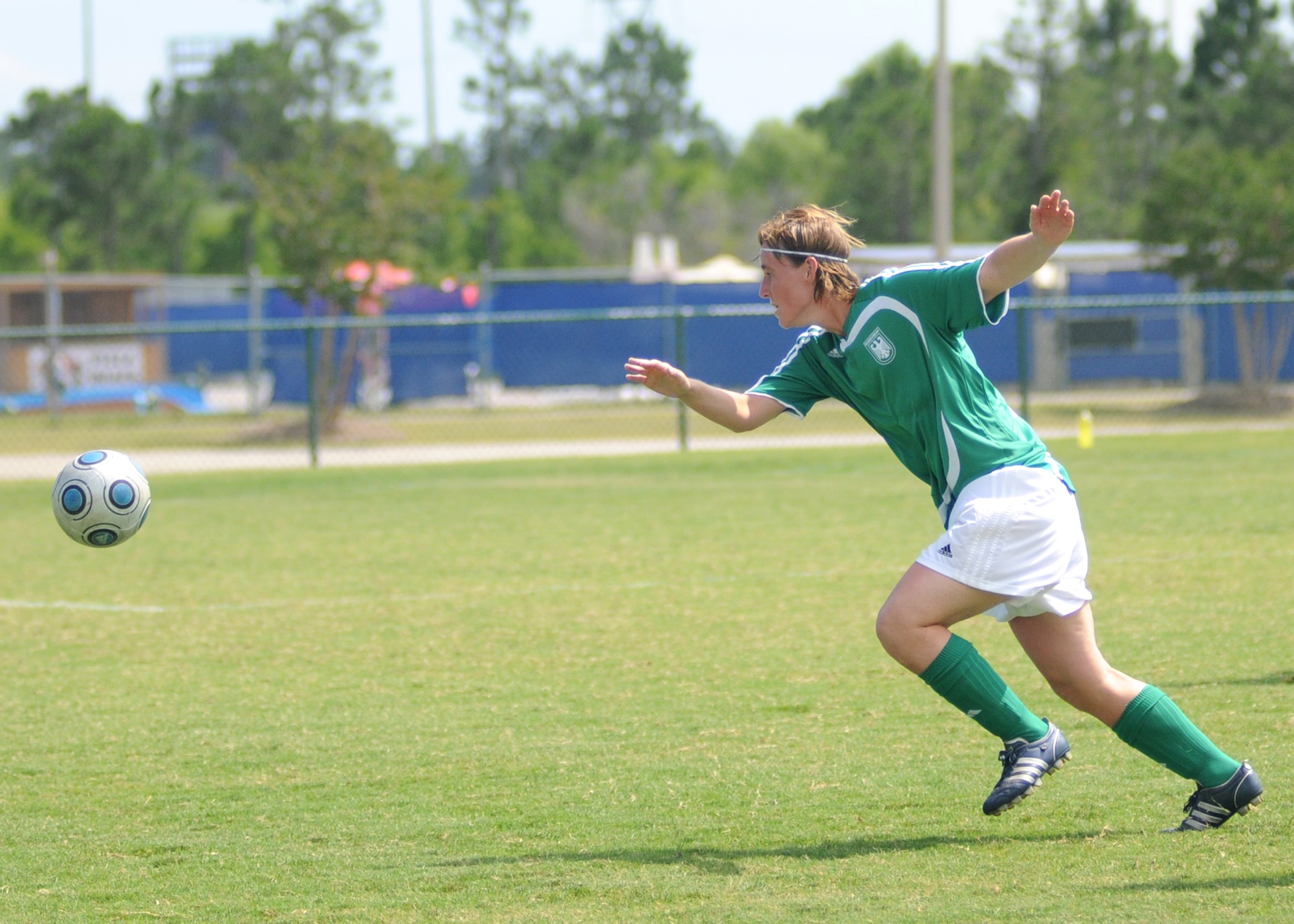 Germany and The Republic of South Korea compete during the 5th CISM Women’s Soccer Championship at the Gulfport Sports Complex 9 June.  The CISM tournament, hosted by Keesler Air Force Base, includes teams from Brazil, Canada, France, Germany, The Netherlands, The Republic of South Korea and the United States.  Matches are being held June 6 to 13, with the Gold match June 13 at 2 p.m.  Organizers say the tournament gives teams and people who attend a chance to develop bonds and life-long friendships between the countries and a chance to learn about one another’s cultural similarities and differences.  (U.S. Air Force photo by Kemberly Groue)