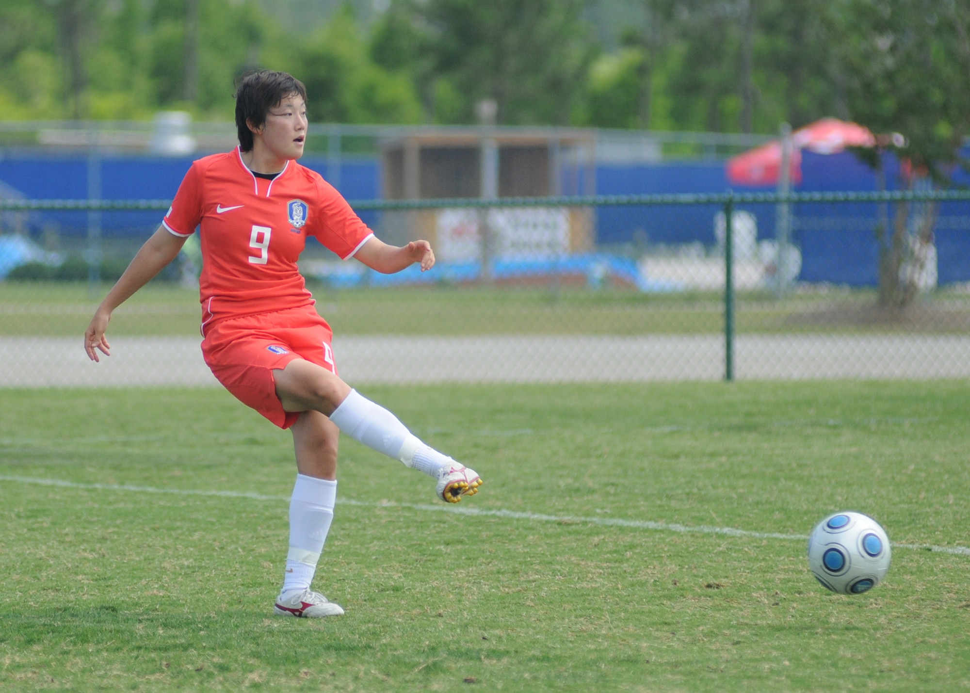 Germany and The Republic of South Korea compete during the 5th CISM Women’s Soccer Championship at the Gulfport Sports Complex 9 June.  The CISM tournament, hosted by Keesler Air Force Base, includes teams from Brazil, Canada, France, Germany, The Netherlands, The Republic of South Korea and the United States.  Matches are being held June 6 to 13, with the Gold match June 13 at 2 p.m.  Organizers say the tournament gives teams and people who attend a chance to develop bonds and life-long friendships between the countries and a chance to learn about one another’s cultural similarities and differences.  (U.S. Air Force photo by Kemberly Groue)