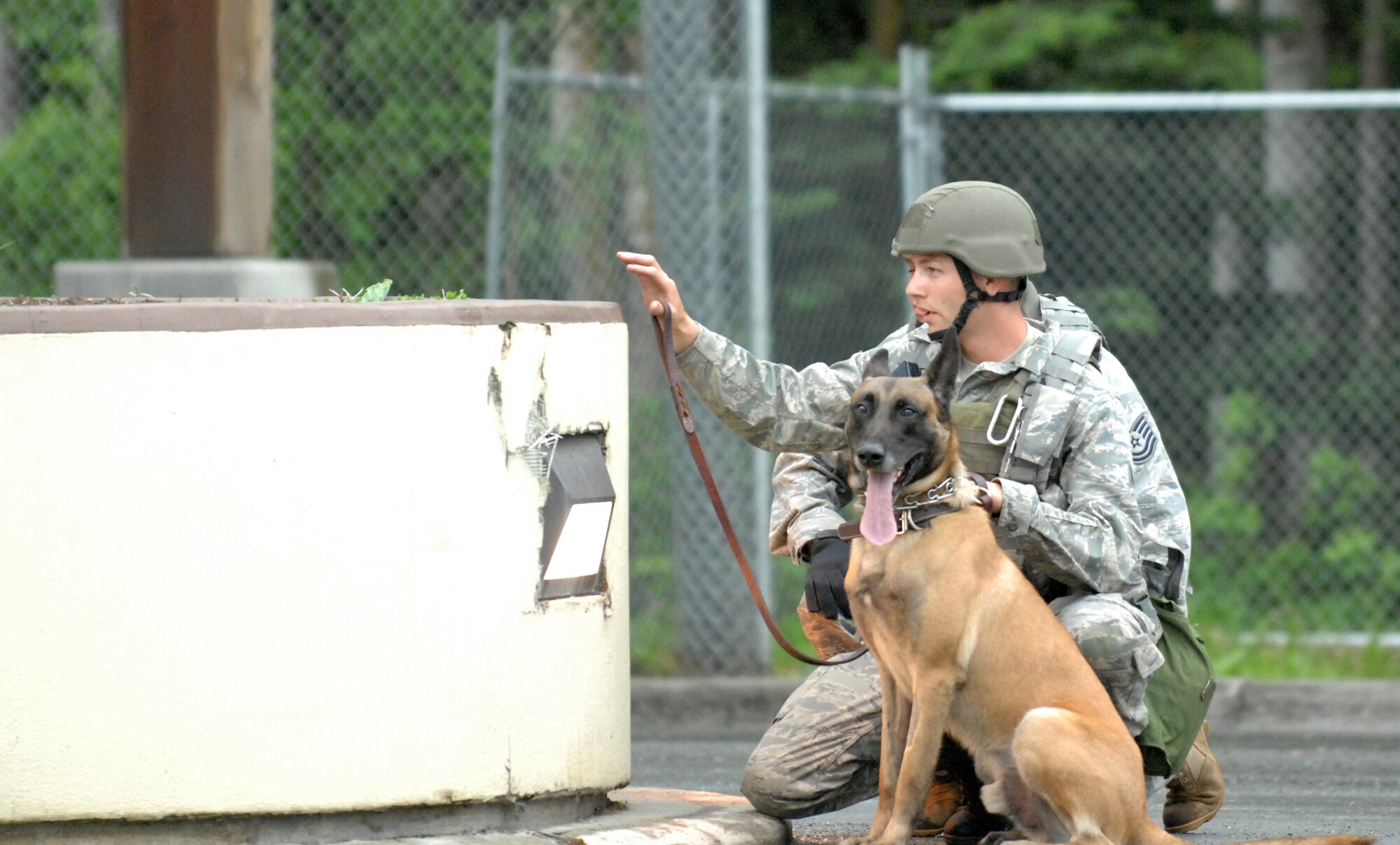 ELMENDORF AIR FORCE BASE, Alaska -- Members of the 3rd Security Forces Squadron take a defensive position while securing the base from possible hostile protesters during the 2009 Operational Readiness Inspection June 4. This portion of the inspection was a part of the second phase, which tested the 3rd Wing's ability to survive and operate in a combat environment. (U.S. Air Force photo/Tech. Sgt. Brian Smith)