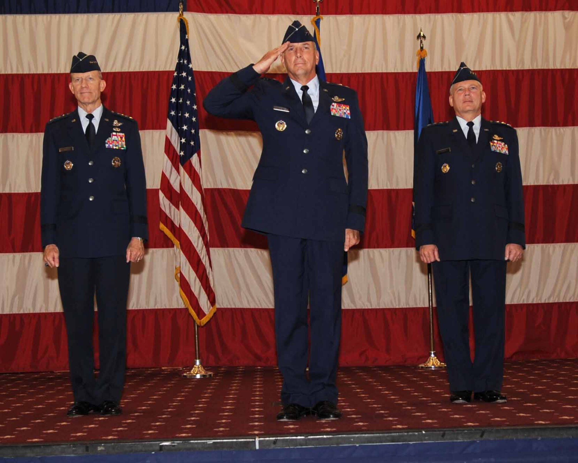 BARKSDALE AIR FORCE BASE, La. -- Major General Floyd Carpenter, 8th Air Force (Air Forces Strategic) commander renders his first salute to the members of 8 AF during his Change of Command June 1. (United States Air Force photo by Senior Airman Alexandra Sandoval) (RELEASED)