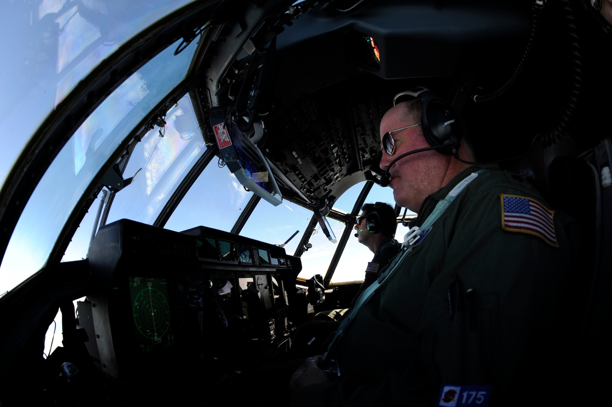 Lt. Col. Roger Gardner and Maj. Scot Salminen fly a  Hurricane Hunter WC-130J Hercules during a training mission June 7 to Homestead Air Reserve Base, Fla., from St. Croix, V.I.  Colonel Gardner is the aircraft commander and Major Salminen is chief of training for the 403rd Operations Support Squadron. The training mission covered the Air Force Reserve Command's weather reconnaissance mission as they enter hurricane season, which began June 1. (U.S. Air Force photo/Staff Sgt. Desiree N. Palacios)