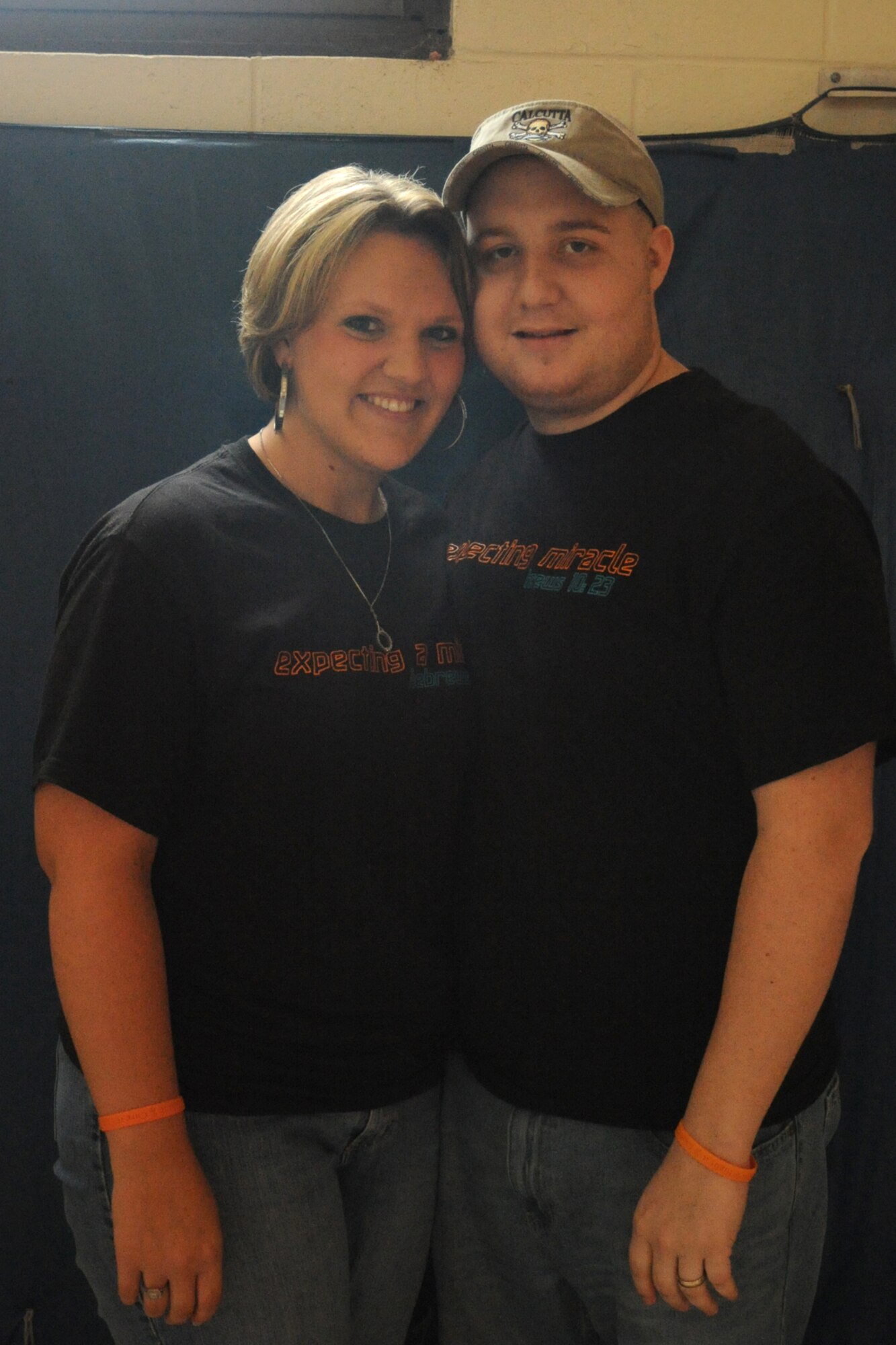 Paige and James Serlick pose at a bone marrow drive held at the Goldsboro Police Department gym, June 9, 2009. Many members from Seymour Johnson Air Force Base registered to become bone marrow donors during the drive. (U. S. Air Force photo by Airman 1st Class Whitney S. Lambert)