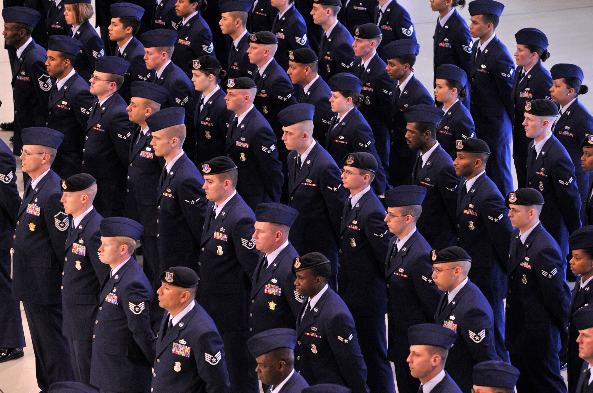 U.S. Air Force Airmen from the 435th Air Base Wing participate in a change of command ceremony in Hangar one, Ramstein Air Base, Germany, June 11, 2009. (U.S. Air Force photo by Staff Sgt. Stephen J. Otero)