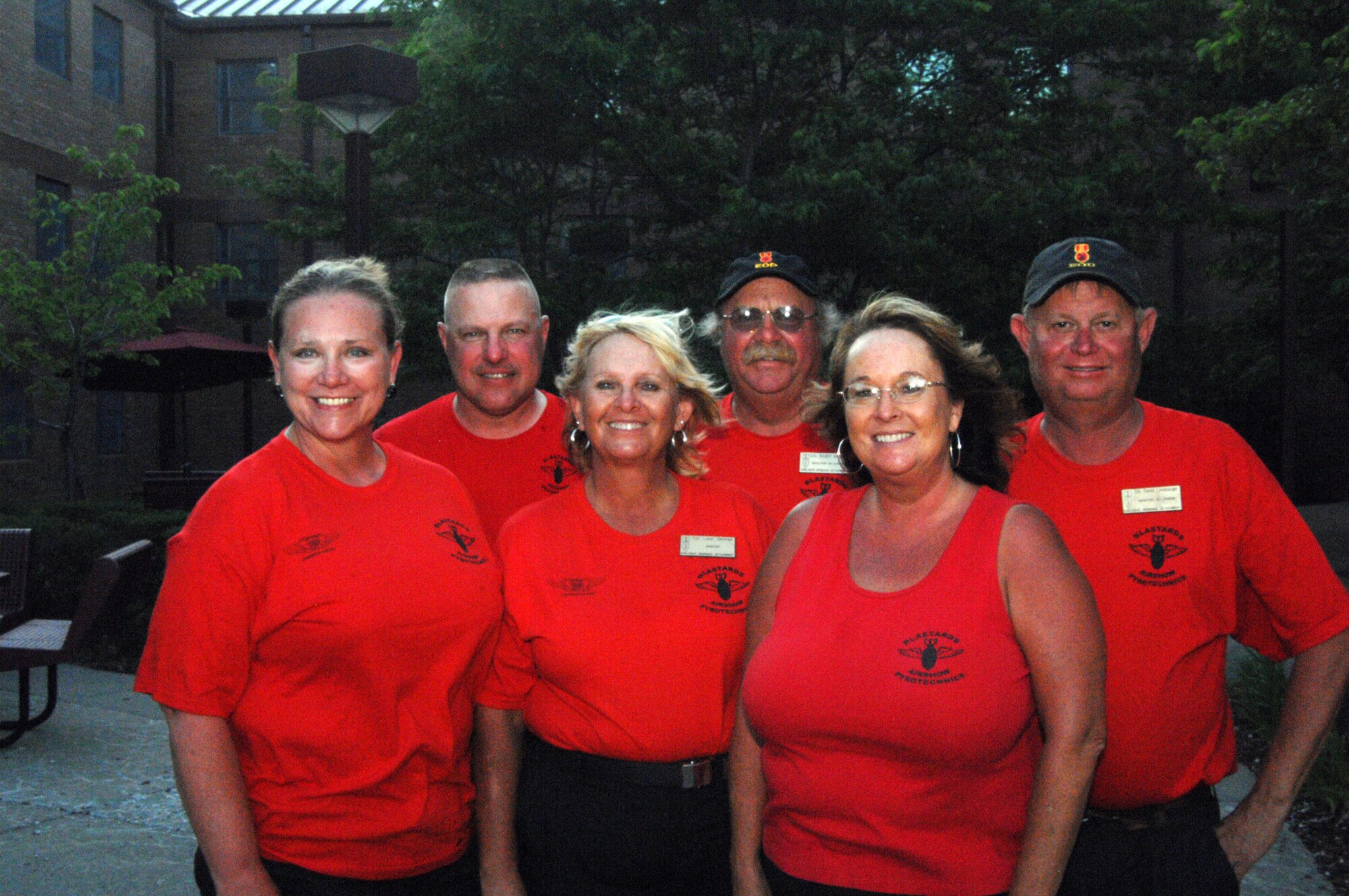 WHITEMAN AIR FORCE BASE, Mo. - The Blastards pyrotechnics team after the 2009 Wings Over Whiteman Air Show.  (Left to right) Mrs. Rhonda Burke, Mr. Patrick Burke, Mrs.  Lauri Skinner, Mr. Randy Skinner, Mrs. Gena Linebarger and Mr. David Linebarger.  This Commemorative Air Force Explosives Ordnance Detachment team provides the explosions and fireworks for simulated munitions effects for combat aircraft.  (U.S. Air Force photo/Master Sgt. Stan Coleman)