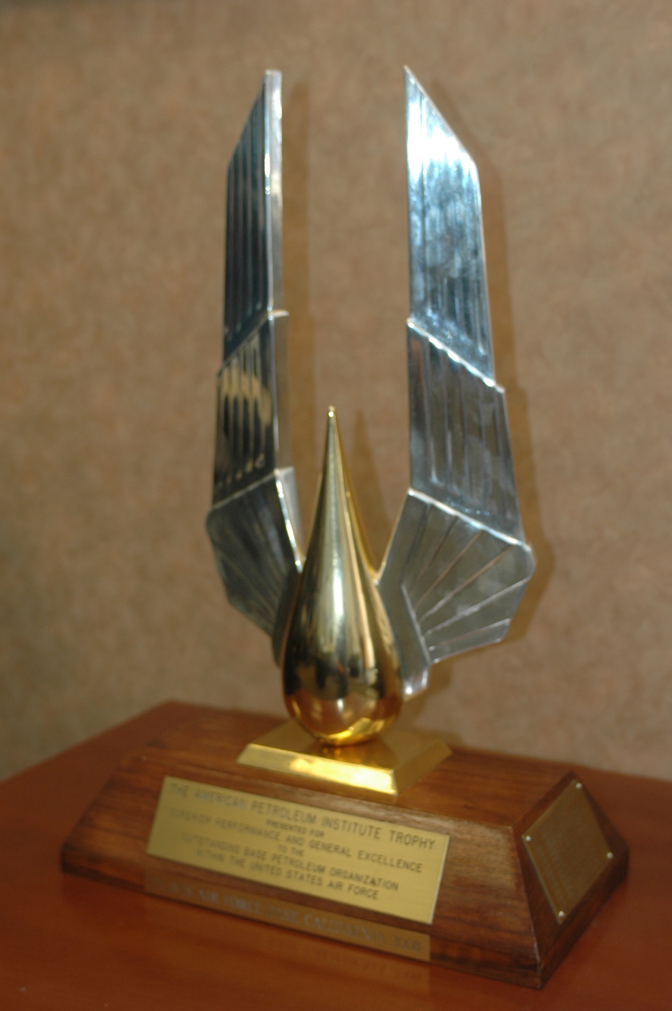 The American Petroleum Institute's trophy for best fuels management flight in the Air Force sits in the lounge at the 60th Logistics Readiness Squadron's fuels flight. In addition to winning for fiscal year 2008, Travis won the award in its inaugural year in 1966 as well as in 2004. (U.S. Air Force photo/Nick DeCicco)