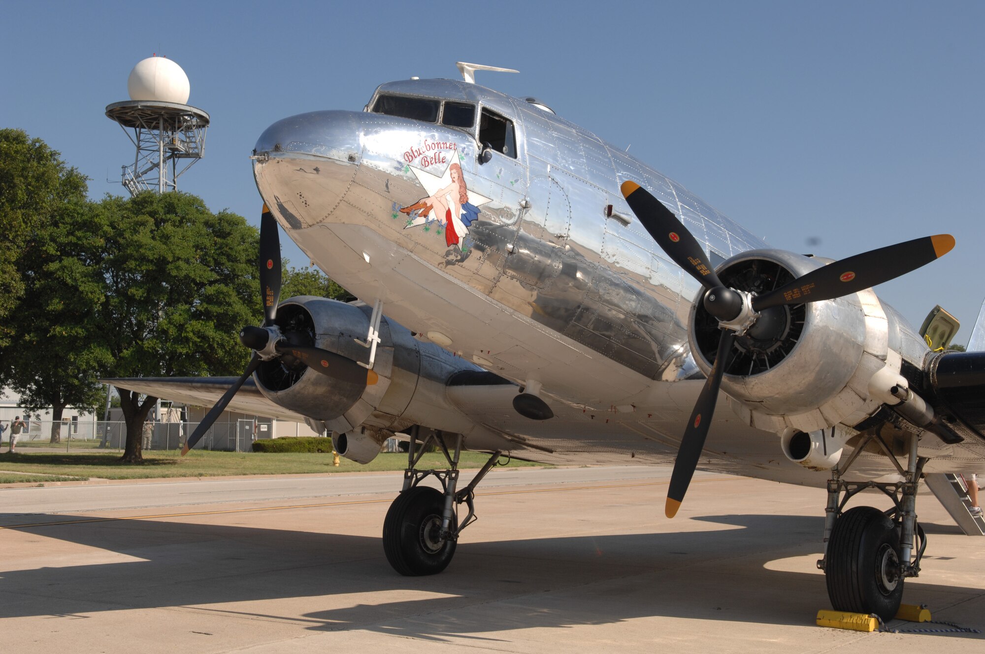 The C-47 Bluebonnet Belle sits on the tarmac at San Angelo Regional Airport Mathis Field. (U.S. Air Force photo by Tech. Sgt. John Barton)