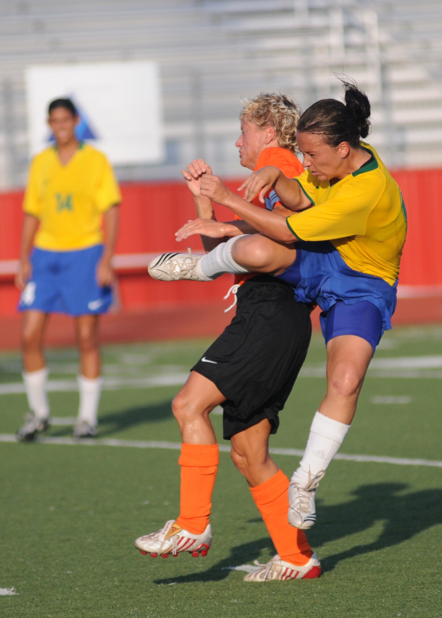 The Netherlands and  Brazil compete during the 5th CISM Women’s Soccer Championship at the Gulfport Sports Complex 11 June.  The CISM tournament, hosted by Keesler Air Force Base, includes teams from Brazil, Canada, France, Germany, The Netherlands, The Republic of South Korea and the United States.  Matches are being held June 6 to 13, with the Gold match June 13 at 2 p.m.  Organizers say the tournament gives teams and people who attend a chance to develop bonds and life-long friendships between the countries and a chance to learn about one another’s cultural similarities and differences.  (U.S. Air Force photo by Kemberly Groue)