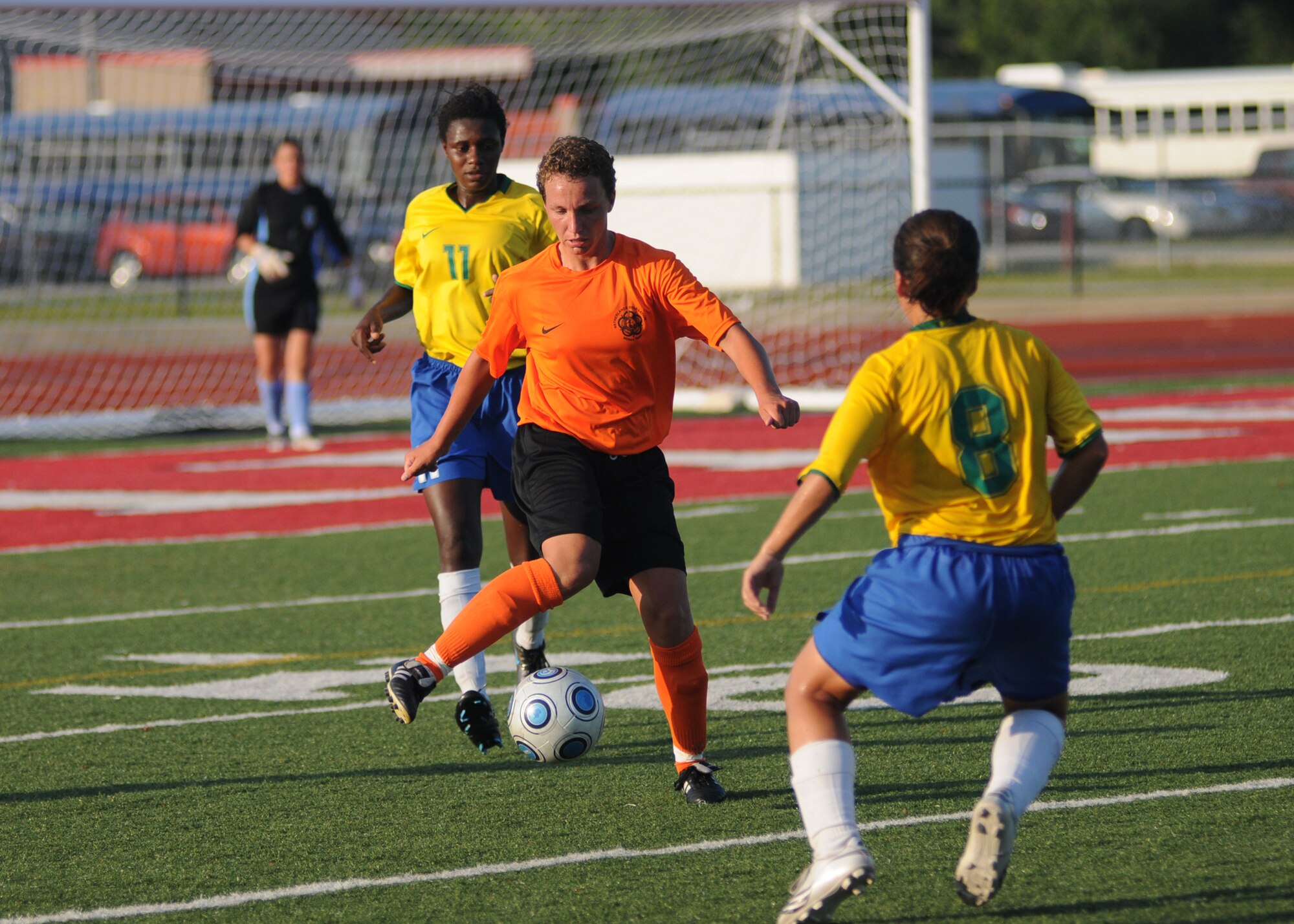 The Netherlands and  Brazil compete during the 5th CISM Women’s Soccer Championship at the Gulfport Sports Complex 11 June.  The CISM tournament, hosted by Keesler Air Force Base, includes teams from Brazil, Canada, France, Germany, The Netherlands, The Republic of South Korea and the United States.  Matches are being held June 6 to 13, with the Gold match June 13 at 2 p.m.  Organizers say the tournament gives teams and people who attend a chance to develop bonds and life-long friendships between the countries and a chance to learn about one another’s cultural similarities and differences.  (U.S. Air Force photo by Kemberly Groue)