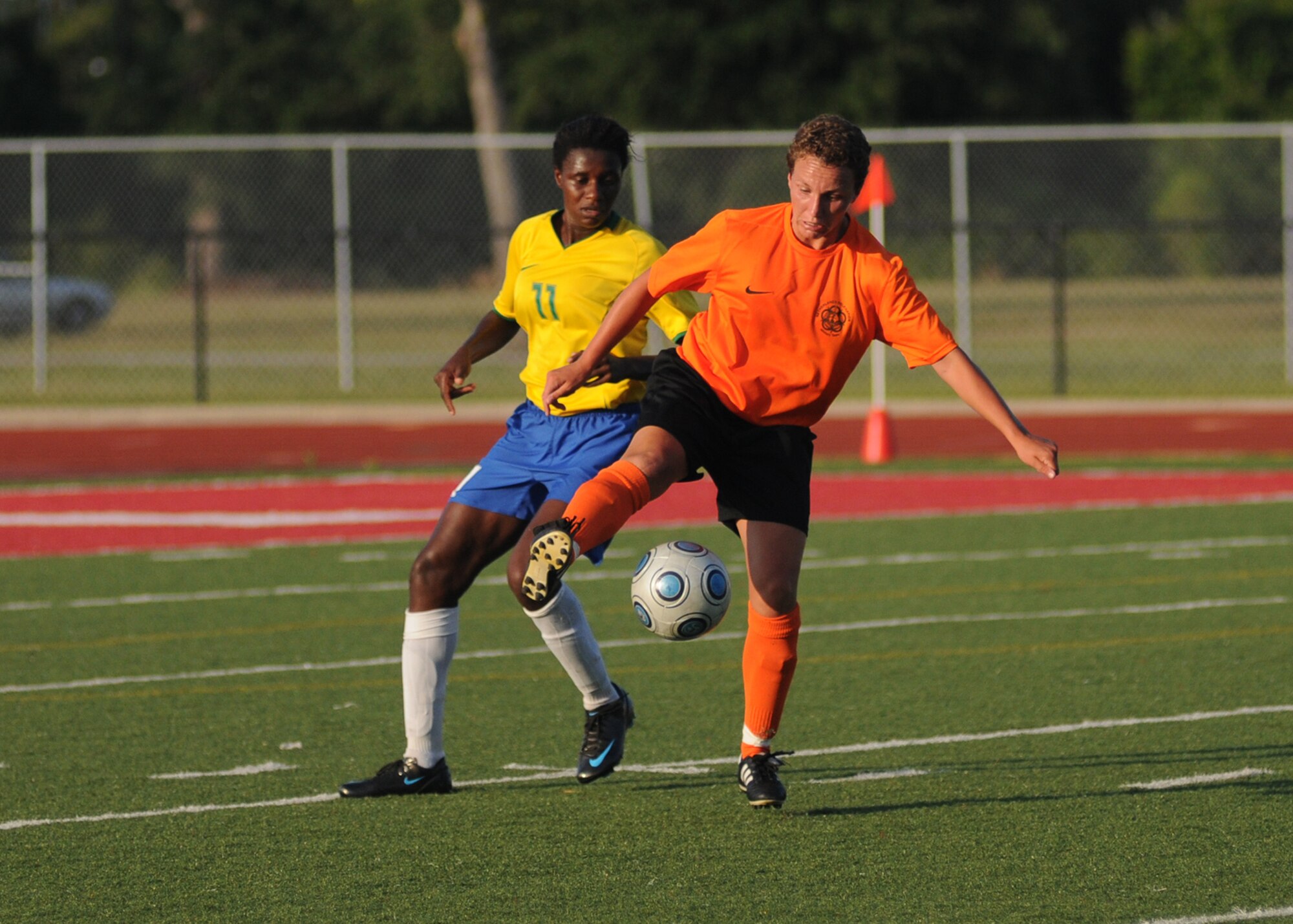 The Netherlands and  Brazil compete during the 5th CISM Women’s Soccer Championship at the Gulfport Sports Complex 11 June.  The CISM tournament, hosted by Keesler Air Force Base, includes teams from Brazil, Canada, France, Germany, The Netherlands, The Republic of South Korea and the United States.  Matches are being held June 6 to 13, with the Gold match June 13 at 2 p.m.  Organizers say the tournament gives teams and people who attend a chance to develop bonds and life-long friendships between the countries and a chance to learn about one another’s cultural similarities and differences.  (U.S. Air Force photo by Kemberly Groue)