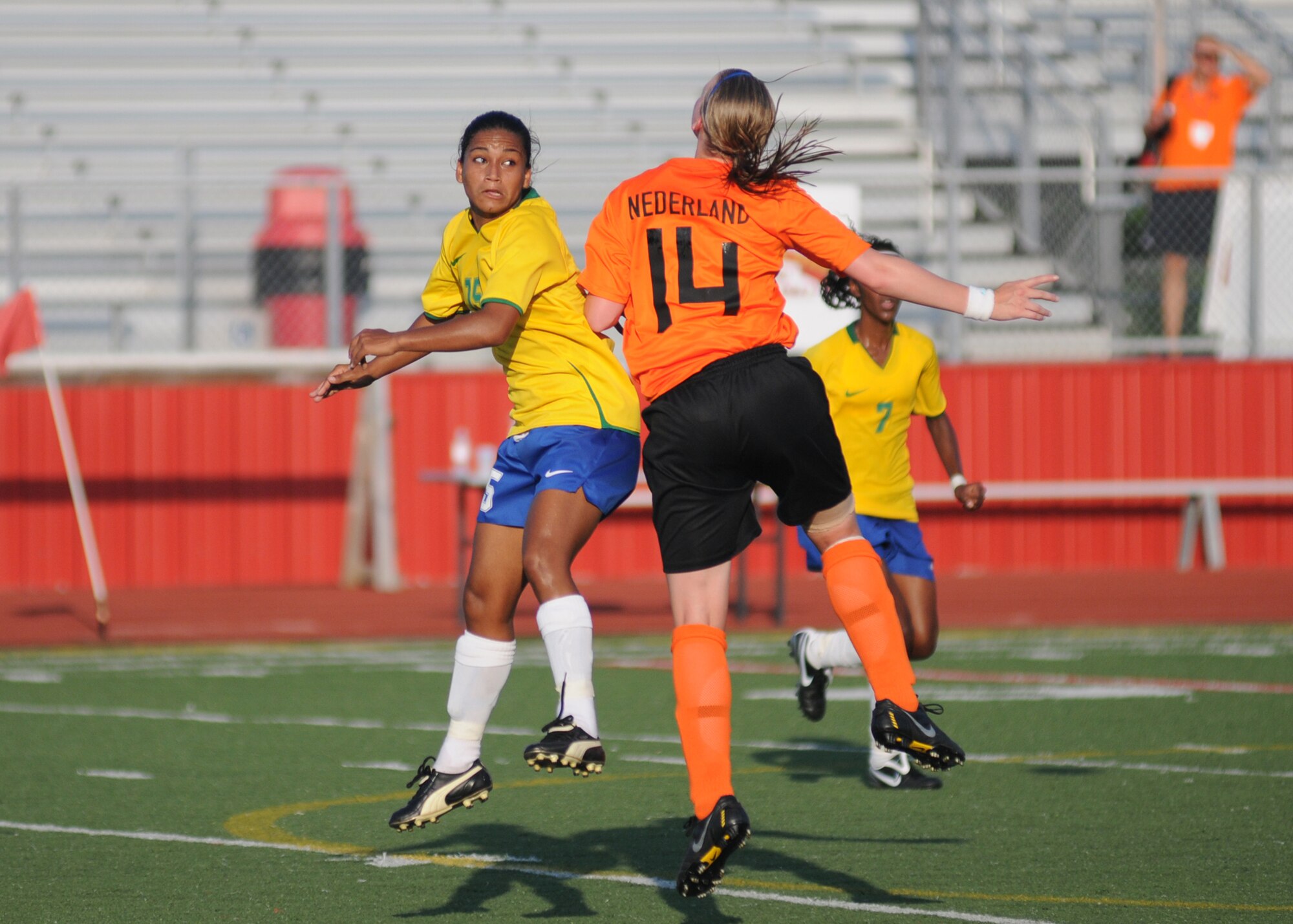 The Netherlands and  Brazil compete during the 5th CISM Women’s Soccer Championship at the Gulfport Sports Complex 11 June.  The CISM tournament, hosted by Keesler Air Force Base, includes teams from Brazil, Canada, France, Germany, The Netherlands, The Republic of South Korea and the United States.  Matches are being held June 6 to 13, with the Gold match June 13 at 2 p.m.  Organizers say the tournament gives teams and people who attend a chance to develop bonds and life-long friendships between the countries and a chance to learn about one another’s cultural similarities and differences.  (U.S. Air Force photo by Kemberly Groue)