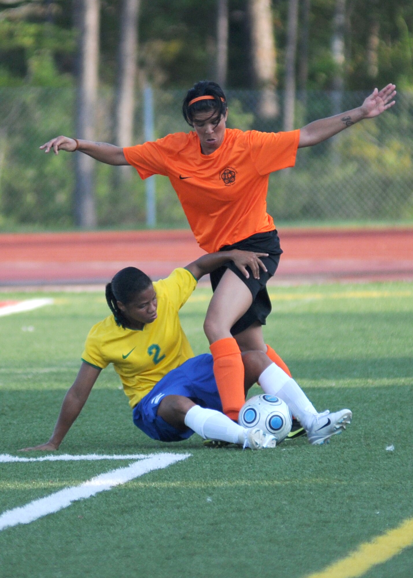 The Netherlands and  Brazil compete during the 5th CISM Women’s Soccer Championship at the Gulfport Sports Complex 11 June.  The CISM tournament, hosted by Keesler Air Force Base, includes teams from Brazil, Canada, France, Germany, The Netherlands, The Republic of South Korea and the United States.  Matches are being held June 6 to 13, with the Gold match June 13 at 2 p.m.  Organizers say the tournament gives teams and people who attend a chance to develop bonds and life-long friendships between the countries and a chance to learn about one another’s cultural similarities and differences.  (U.S. Air Force photo by Kemberly Groue)