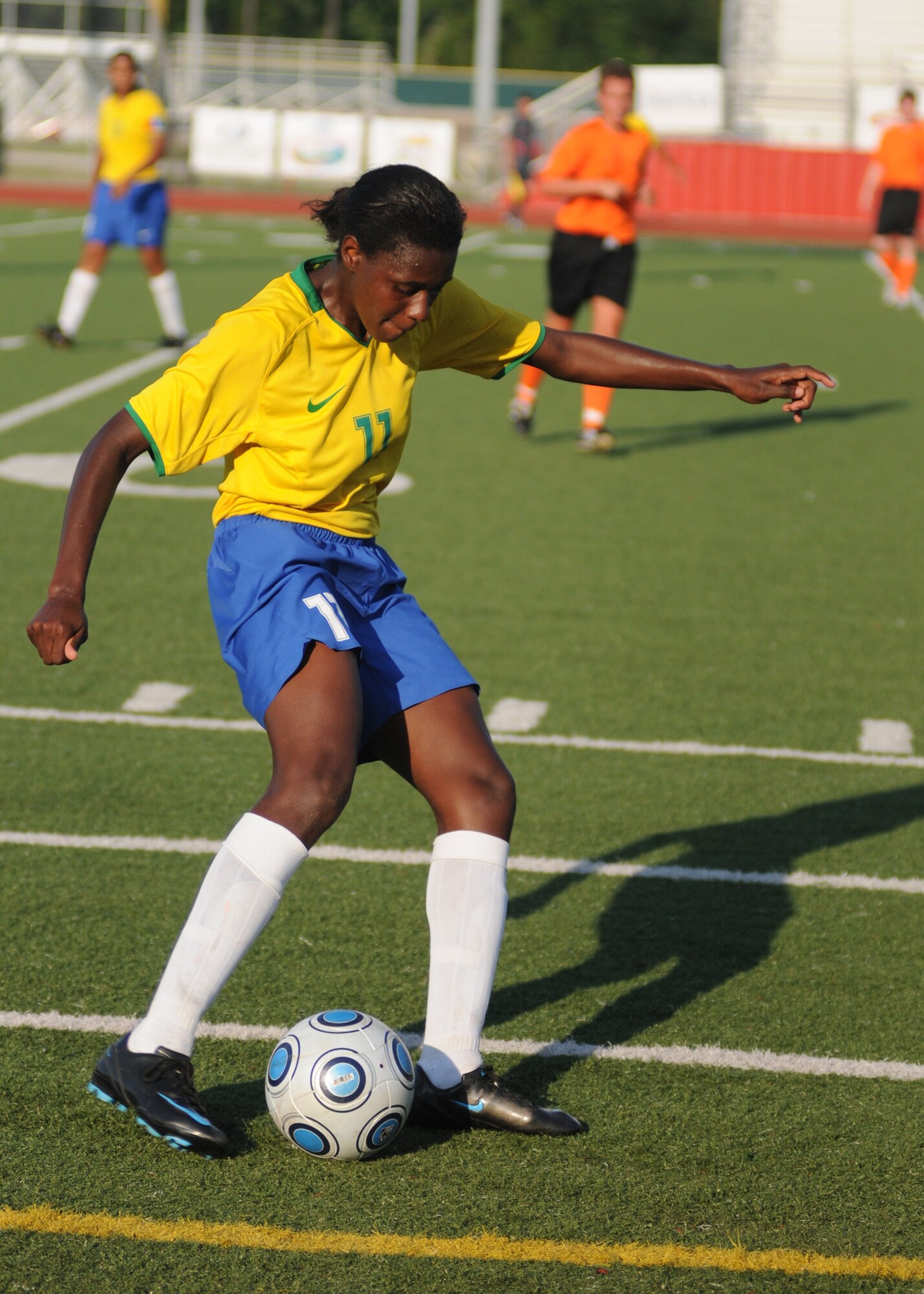 The Netherlands and  Brazil compete during the 5th CISM Women’s Soccer Championship at the Gulfport Sports Complex 11 June.  The CISM tournament, hosted by Keesler Air Force Base, includes teams from Brazil, Canada, France, Germany, The Netherlands, The Republic of South Korea and the United States.  Matches are being held June 6 to 13, with the Gold match June 13 at 2 p.m.  Organizers say the tournament gives teams and people who attend a chance to develop bonds and life-long friendships between the countries and a chance to learn about one another’s cultural similarities and differences.  (U.S. Air Force photo by Kemberly Groue)