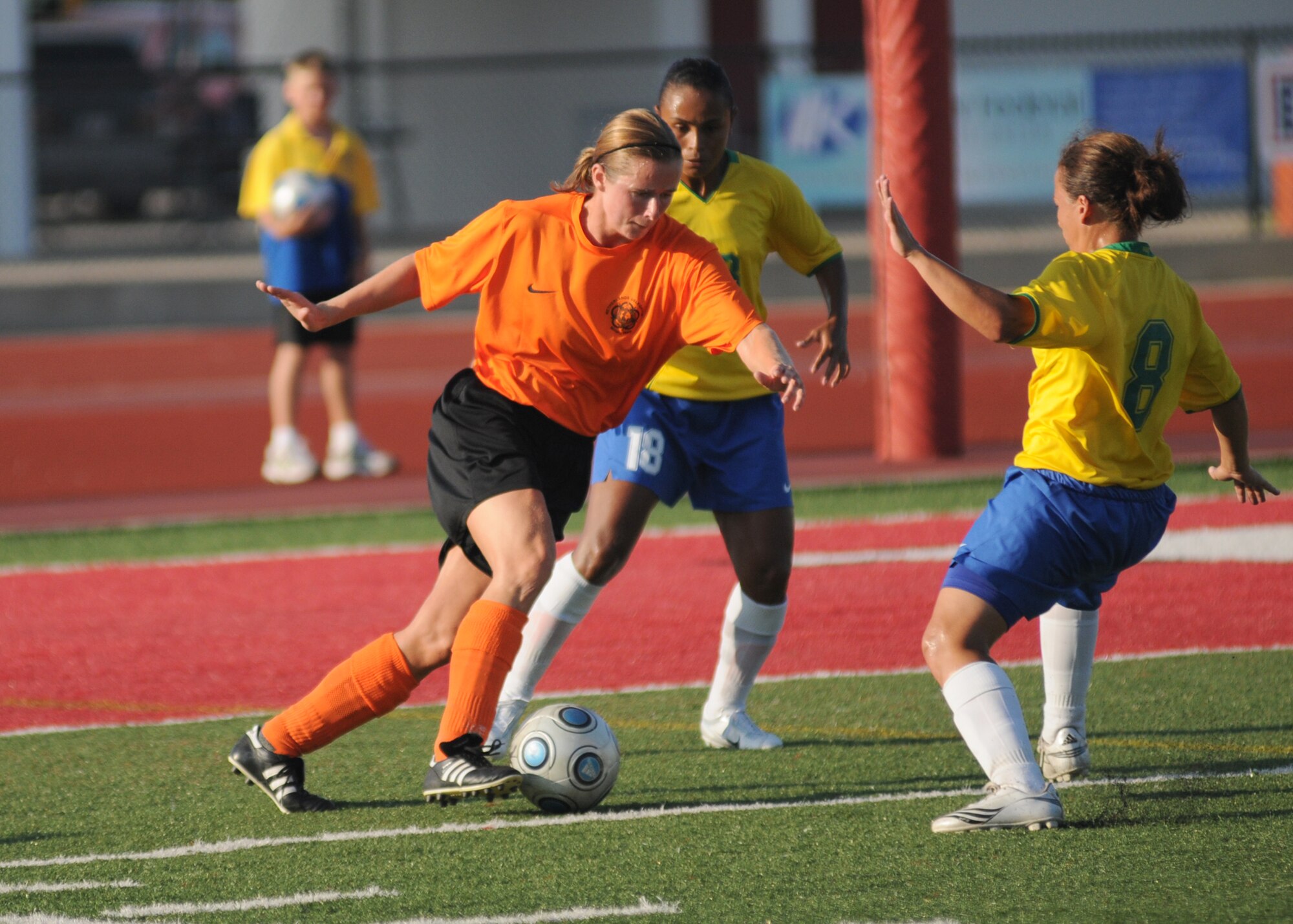 The Netherlands and  Brazil compete during the 5th CISM Women’s Soccer Championship at the Gulfport Sports Complex 11 June.  The CISM tournament, hosted by Keesler Air Force Base, includes teams from Brazil, Canada, France, Germany, The Netherlands, The Republic of South Korea and the United States.  Matches are being held June 6 to 13, with the Gold match June 13 at 2 p.m.  Organizers say the tournament gives teams and people who attend a chance to develop bonds and life-long friendships between the countries and a chance to learn about one another’s cultural similarities and differences.  (U.S. Air Force photo by Kemberly Groue)