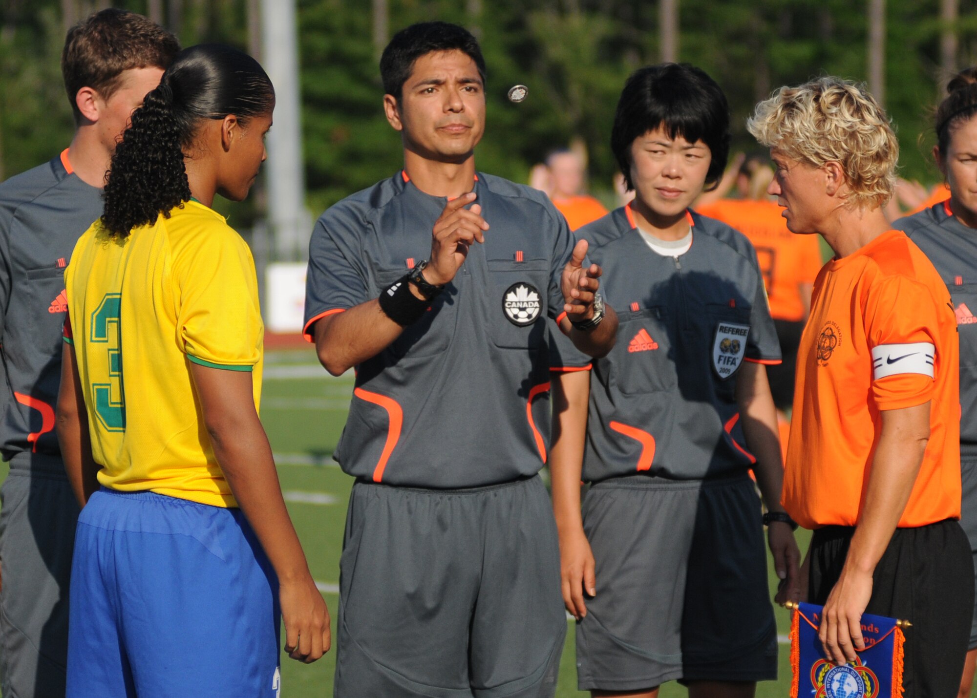 The Netherlands and  Brazil compete during the 5th CISM Women’s Soccer Championship at the Gulfport Sports Complex 11 June.  The CISM tournament, hosted by Keesler Air Force Base, includes teams from Brazil, Canada, France, Germany, The Netherlands, The Republic of South Korea and the United States.  Matches are being held June 6 to 13, with the Gold match June 13 at 2 p.m.  Organizers say the tournament gives teams and people who attend a chance to develop bonds and life-long friendships between the countries and a chance to learn about one another’s cultural similarities and differences.  (U.S. Air Force photo by Kemberly Groue)