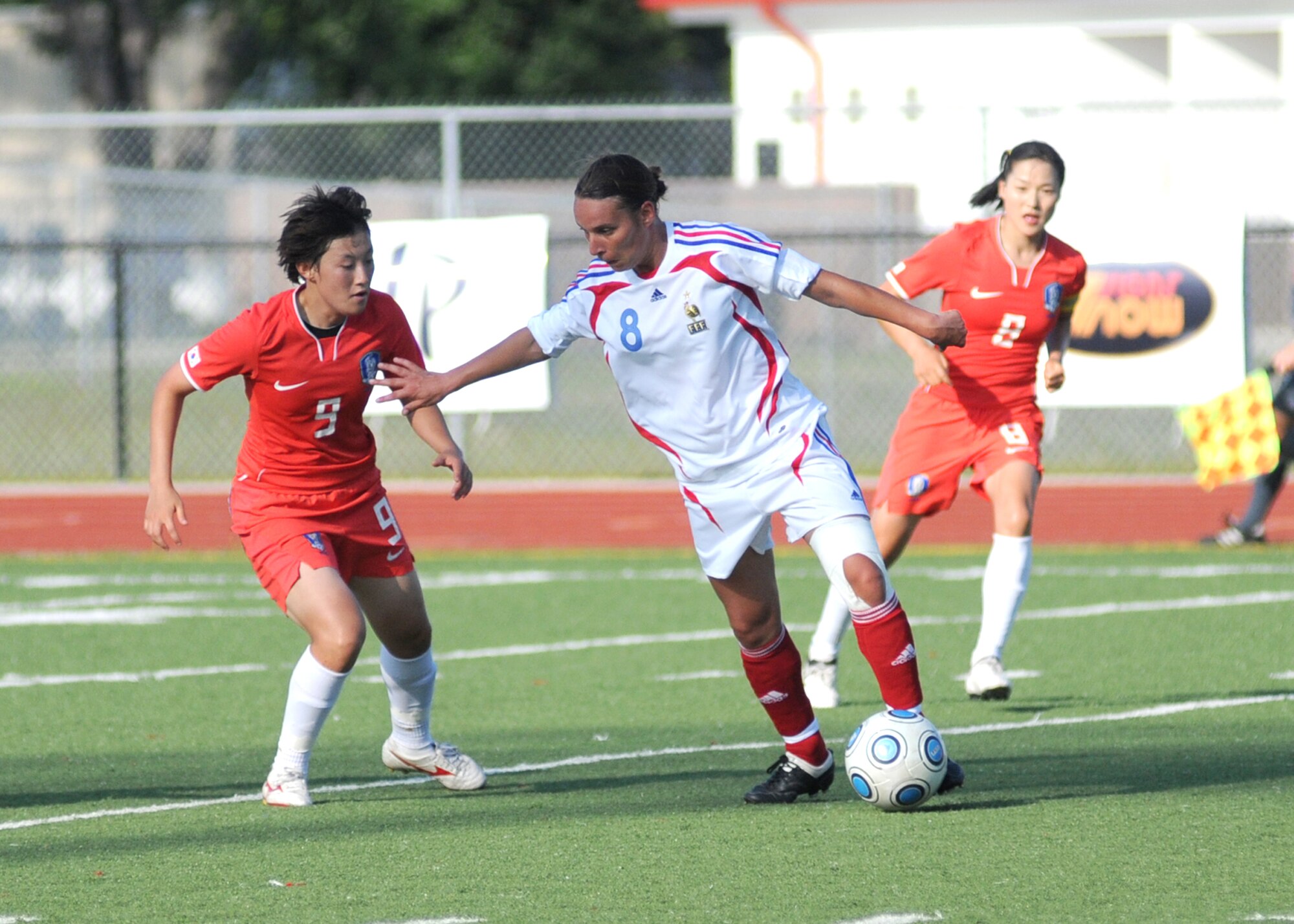 France and The Republic of South Korea compete during the 5th CISM Women’s Soccer Championship at the Gulfport Sports Complex 11 June.  The CISM tournament, hosted by Keesler Air Force Base, includes teams from Brazil, Canada, France, Germany, The Netherlands, The Republic of South Korea and the United States.  Matches are being held June 6 to 13, with the Gold match June 13 at 2 p.m.  Organizers say the tournament gives teams and people who attend a chance to develop bonds and life-long friendships between the countries and a chance to learn about one another’s cultural similarities and differences.  (U.S. Air Force photo by Kemberly Groue)