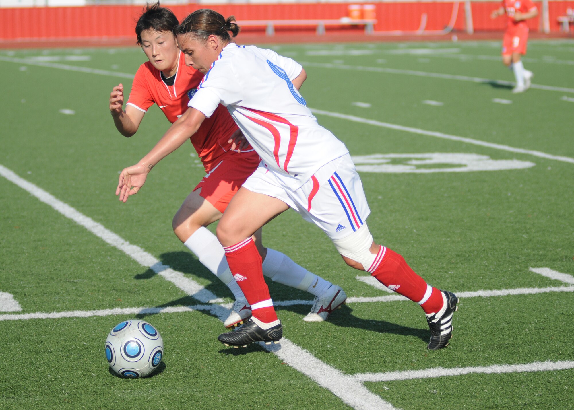 France and The Republic of South Korea compete during the 5th CISM Women’s Soccer Championship at the Gulfport Sports Complex 11 June.  The CISM tournament, hosted by Keesler Air Force Base, includes teams from Brazil, Canada, France, Germany, The Netherlands, The Republic of South Korea and the United States.  Matches are being held June 6 to 13, with the Gold match June 13 at 2 p.m.  Organizers say the tournament gives teams and people who attend a chance to develop bonds and life-long friendships between the countries and a chance to learn about one another’s cultural similarities and differences.  (U.S. Air Force photo by Kemberly Groue)