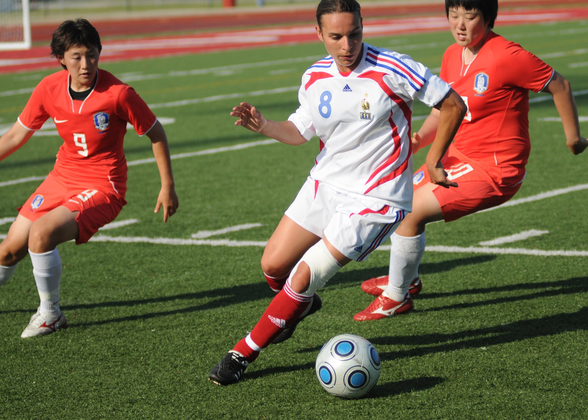 France and The Republic of South Korea compete during the 5th CISM Women’s Soccer Championship at the Gulfport Sports Complex 11 June.  The CISM tournament, hosted by Keesler Air Force Base, includes teams from Brazil, Canada, France, Germany, The Netherlands, The Republic of South Korea and the United States.  Matches are being held June 6 to 13, with the Gold match June 13 at 2 p.m.  Organizers say the tournament gives teams and people who attend a chance to develop bonds and life-long friendships between the countries and a chance to learn about one another’s cultural similarities and differences.  (U.S. Air Force photo by Kemberly Groue)