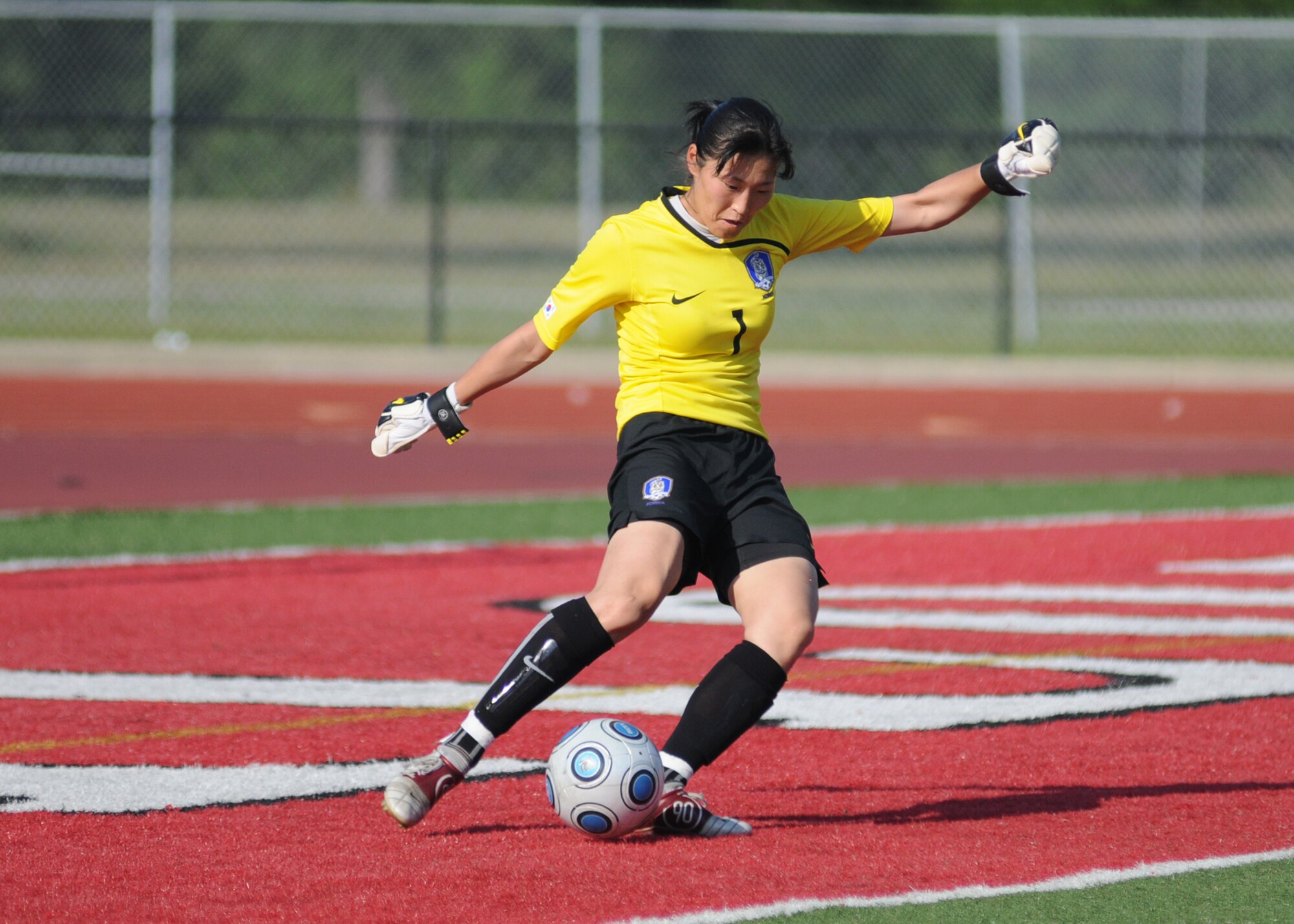 France and The Republic of South Korea compete during the 5th CISM Women’s Soccer Championship at the Gulfport Sports Complex 11 June.  The CISM tournament, hosted by Keesler Air Force Base, includes teams from Brazil, Canada, France, Germany, The Netherlands, The Republic of South Korea and the United States.  Matches are being held June 6 to 13, with the Gold match June 13 at 2 p.m.  Organizers say the tournament gives teams and people who attend a chance to develop bonds and life-long friendships between the countries and a chance to learn about one another’s cultural similarities and differences.  (U.S. Air Force photo by Kemberly Groue)