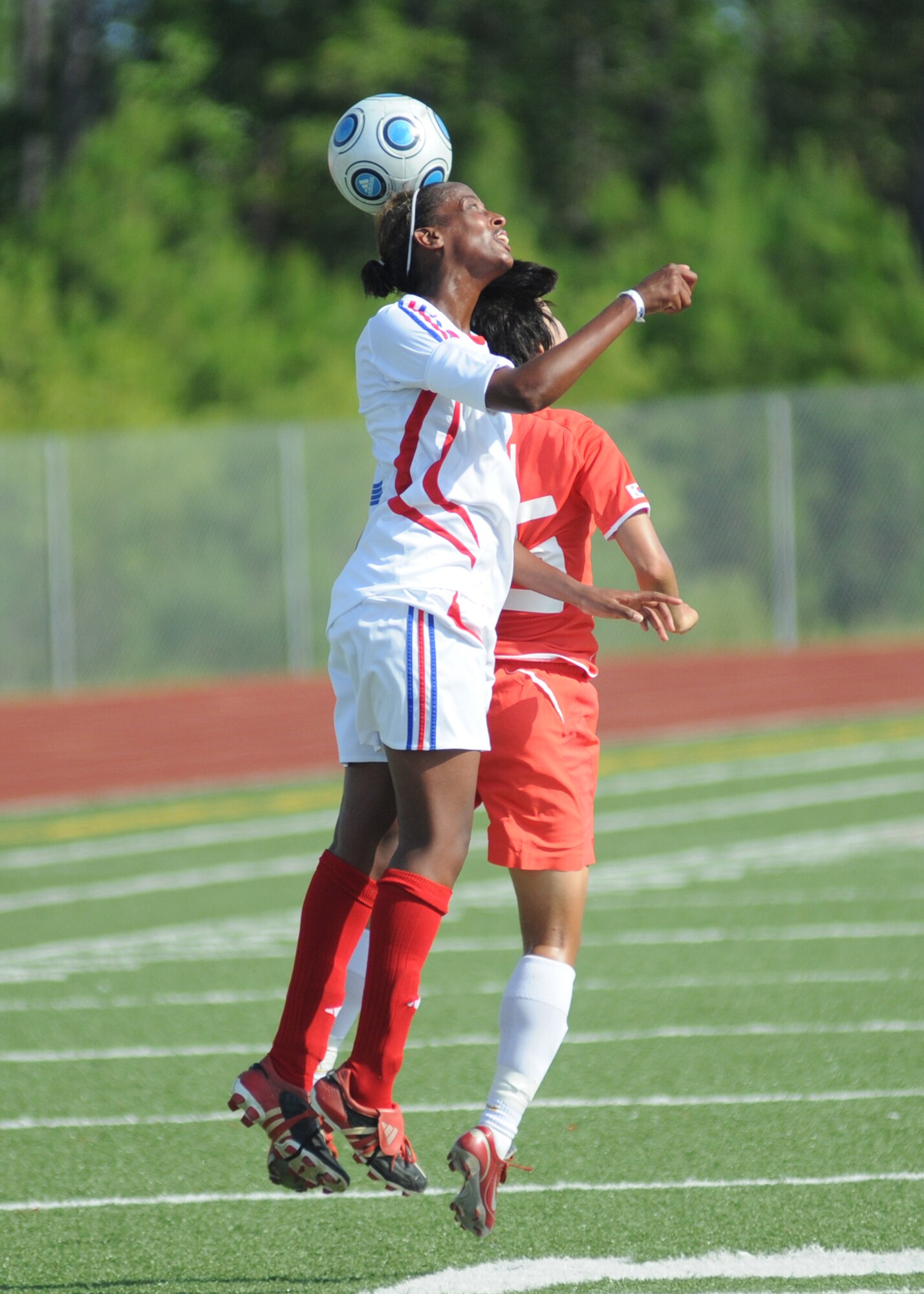 France and The Republic of South Korea compete during the 5th CISM Women’s Soccer Championship at the Gulfport Sports Complex 11 June.  The CISM tournament, hosted by Keesler Air Force Base, includes teams from Brazil, Canada, France, Germany, The Netherlands, The Republic of South Korea and the United States.  Matches are being held June 6 to 13, with the Gold match June 13 at 2 p.m.  Organizers say the tournament gives teams and people who attend a chance to develop bonds and life-long friendships between the countries and a chance to learn about one another’s cultural similarities and differences.  (U.S. Air Force photo by Kemberly Groue)