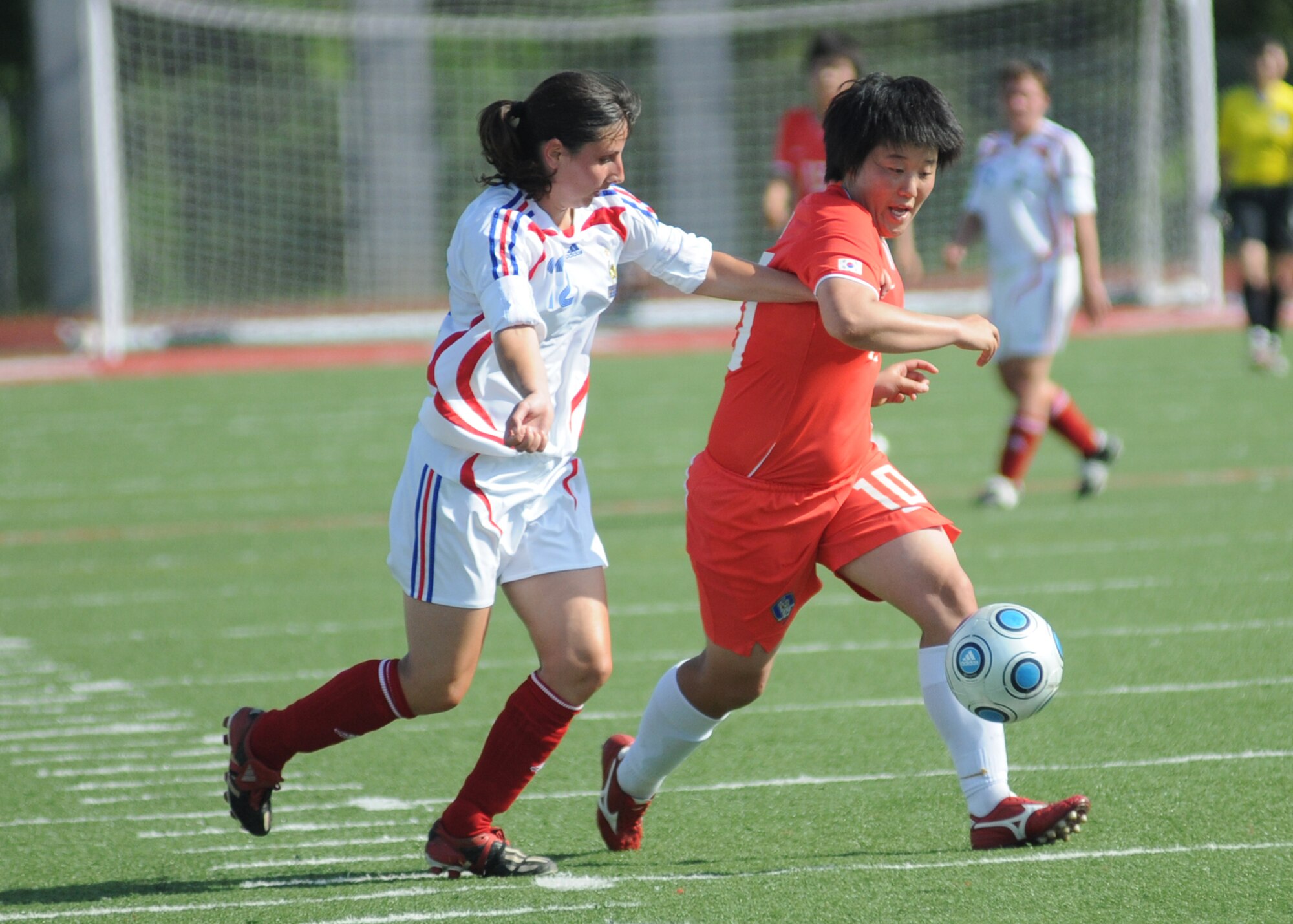 France and The Republic of South Korea compete during the 5th CISM Women’s Soccer Championship at the Gulfport Sports Complex 11 June.  The CISM tournament, hosted by Keesler Air Force Base, includes teams from Brazil, Canada, France, Germany, The Netherlands, The Republic of South Korea and the United States.  Matches are being held June 6 to 13, with the Gold match June 13 at 2 p.m.  Organizers say the tournament gives teams and people who attend a chance to develop bonds and life-long friendships between the countries and a chance to learn about one another’s cultural similarities and differences.  (U.S. Air Force photo by Kemberly Groue)