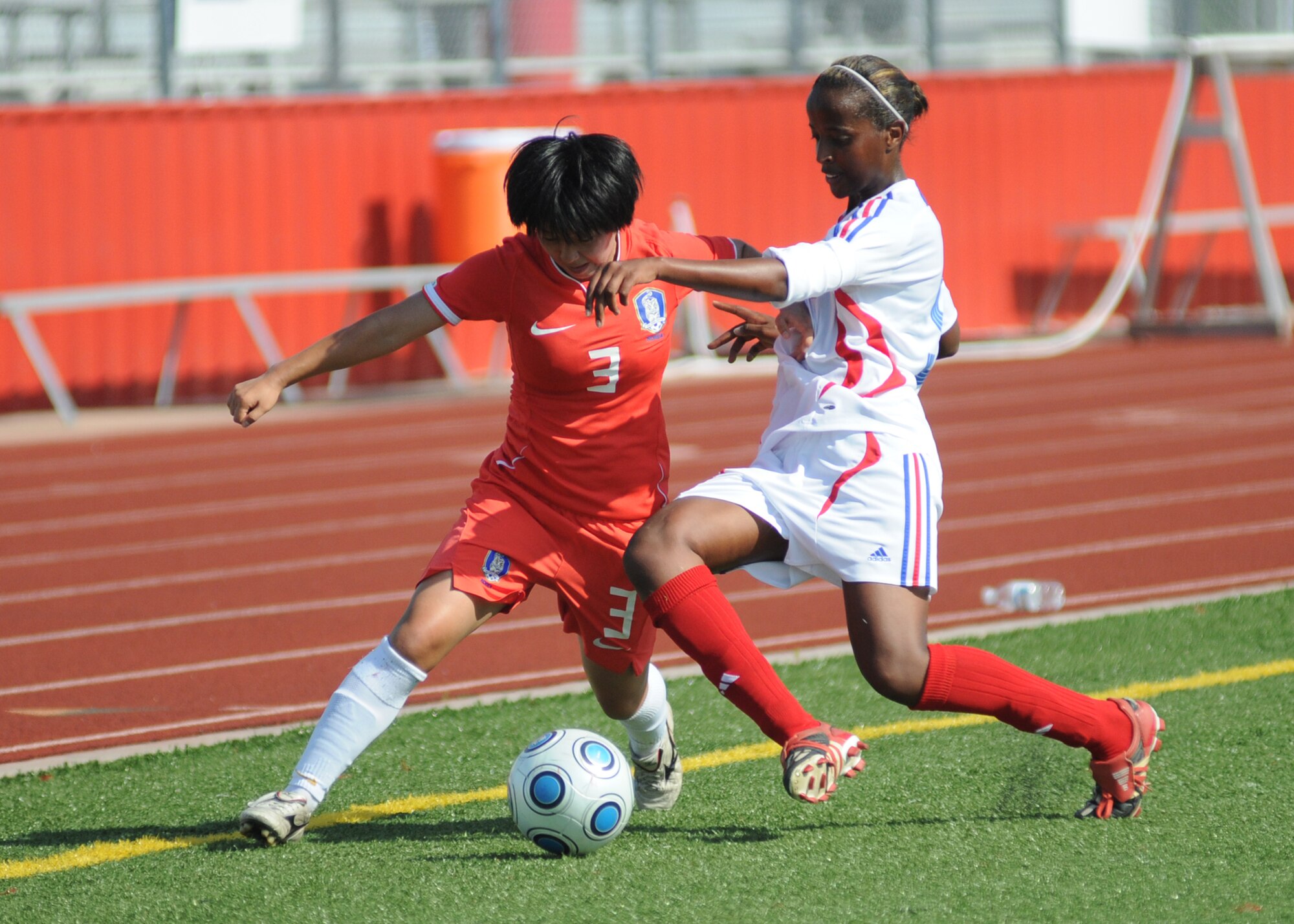 France and The Republic of South Korea compete during the 5th CISM Women’s Soccer Championship at the Gulfport Sports Complex 11 June.  The CISM tournament, hosted by Keesler Air Force Base, includes teams from Brazil, Canada, France, Germany, The Netherlands, The Republic of South Korea and the United States.  Matches are being held June 6 to 13, with the Gold match June 13 at 2 p.m.  Organizers say the tournament gives teams and people who attend a chance to develop bonds and life-long friendships between the countries and a chance to learn about one another’s cultural similarities and differences.  (U.S. Air Force photo by Kemberly Groue)