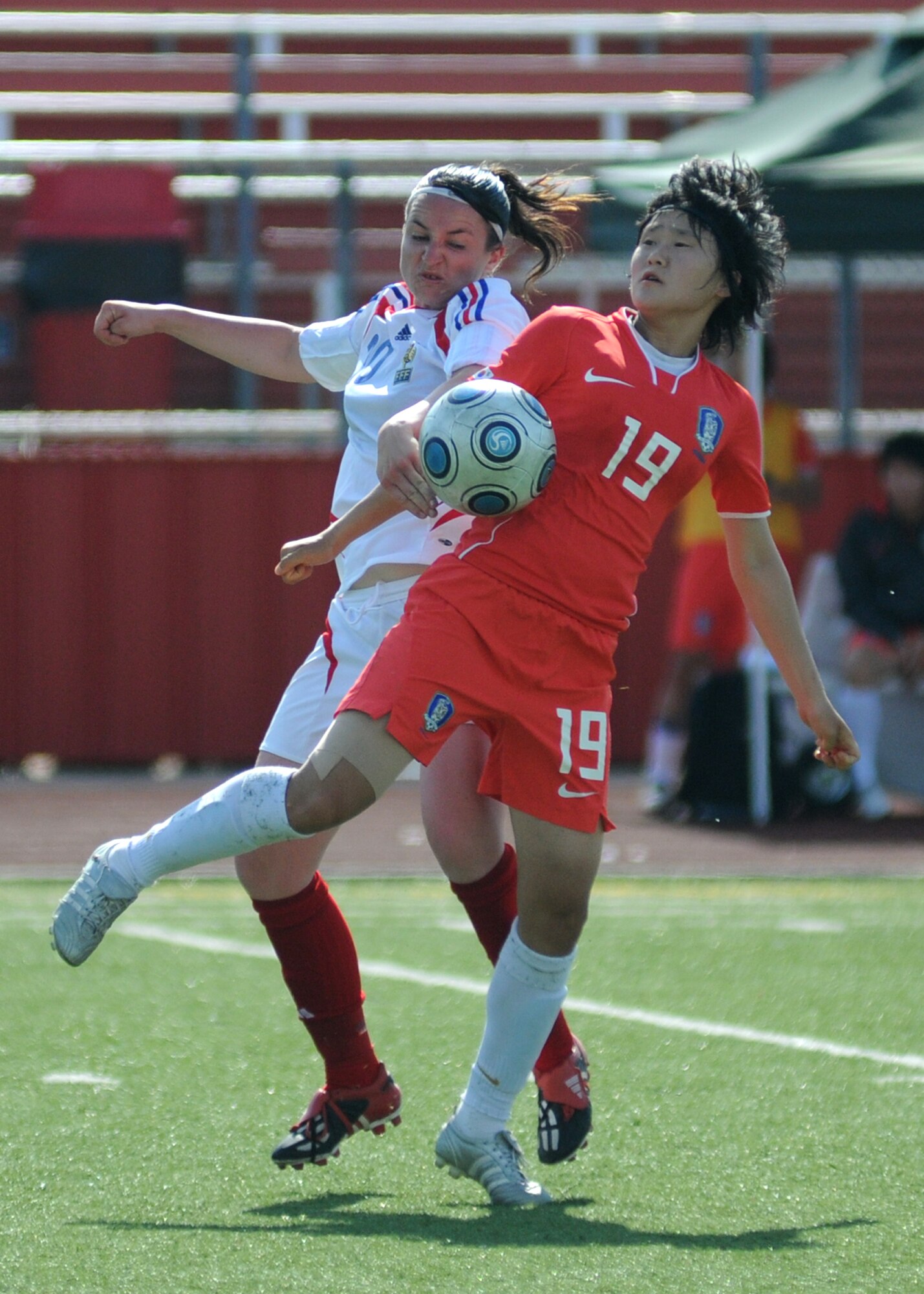 France and The Republic of South Korea compete during the 5th CISM Women’s Soccer Championship at the Gulfport Sports Complex 11 June.  The CISM tournament, hosted by Keesler Air Force Base, includes teams from Brazil, Canada, France, Germany, The Netherlands, The Republic of South Korea and the United States.  Matches are being held June 6 to 13, with the Gold match June 13 at 2 p.m.  Organizers say the tournament gives teams and people who attend a chance to develop bonds and life-long friendships between the countries and a chance to learn about one another’s cultural similarities and differences.  (U.S. Air Force photo by Kemberly Groue)