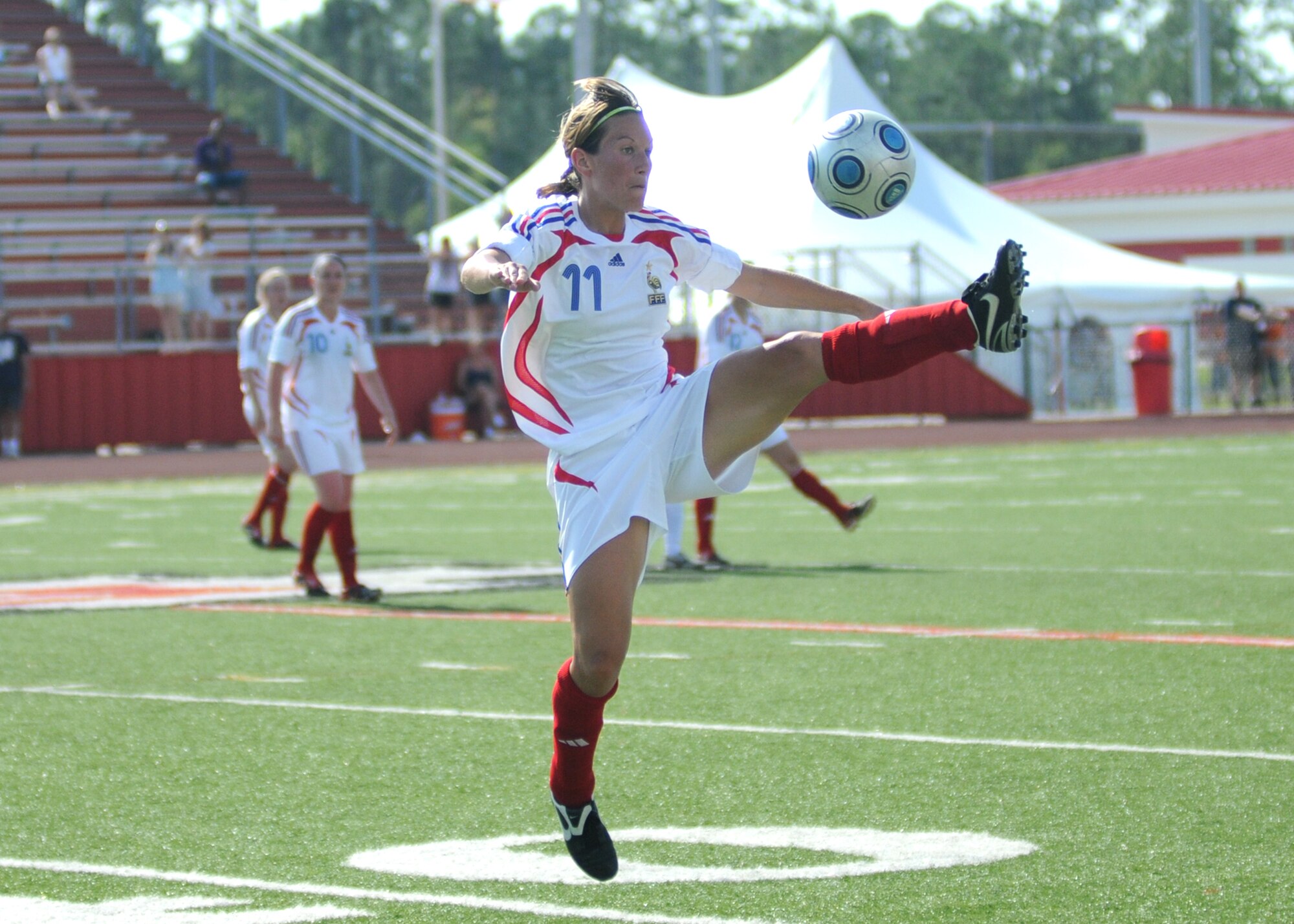 France and The Republic of South Korea compete during the 5th CISM Women’s Soccer Championship at the Gulfport Sports Complex 11 June.  The CISM tournament, hosted by Keesler Air Force Base, includes teams from Brazil, Canada, France, Germany, The Netherlands, The Republic of South Korea and the United States.  Matches are being held June 6 to 13, with the Gold match June 13 at 2 p.m.  Organizers say the tournament gives teams and people who attend a chance to develop bonds and life-long friendships between the countries and a chance to learn about one another’s cultural similarities and differences.  (U.S. Air Force photo by Kemberly Groue)