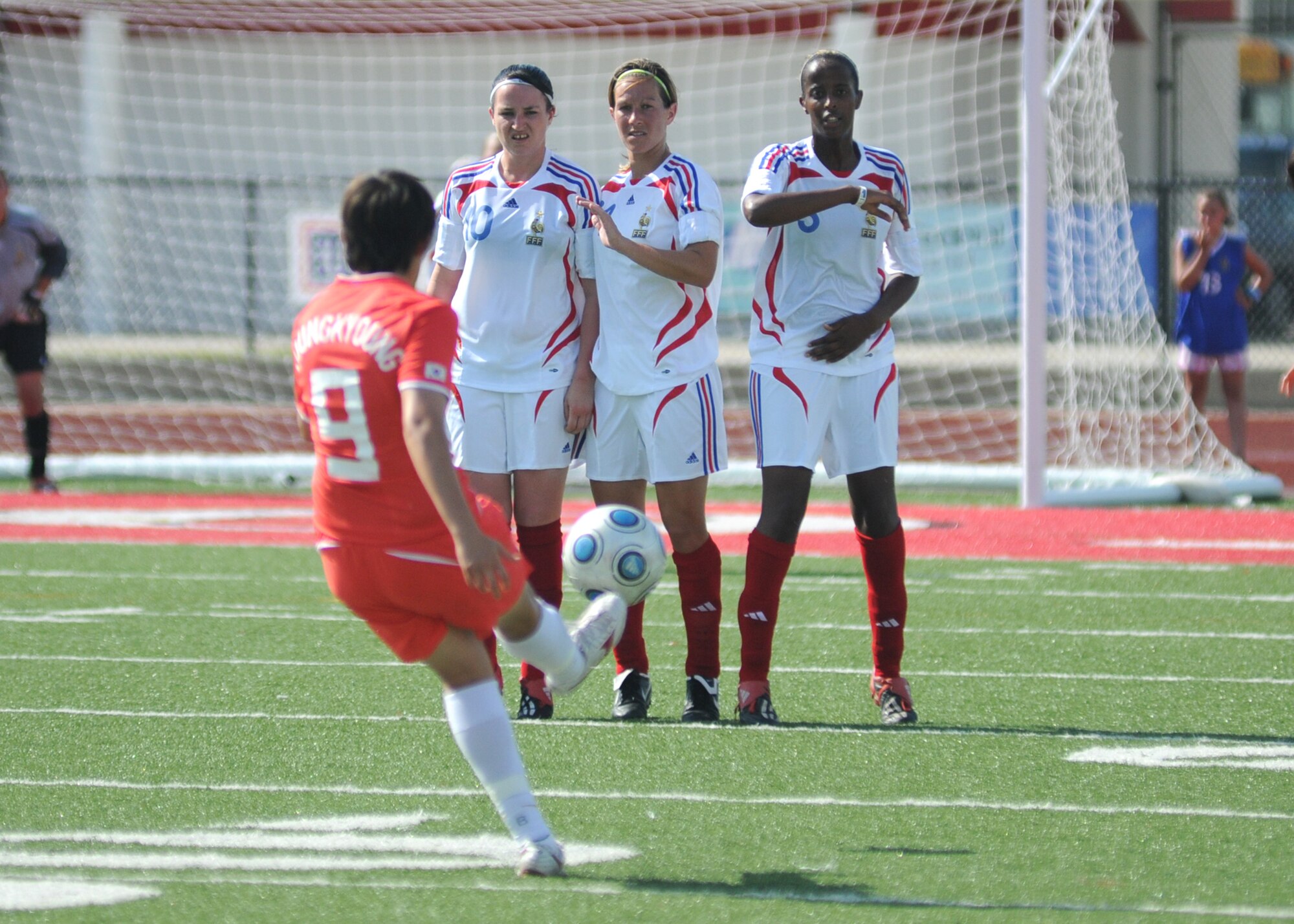 France and The Republic of South Korea compete during the 5th CISM Women’s Soccer Championship at the Gulfport Sports Complex 11 June.  The CISM tournament, hosted by Keesler Air Force Base, includes teams from Brazil, Canada, France, Germany, The Netherlands, The Republic of South Korea and the United States.  Matches are being held June 6 to 13, with the Gold match June 13 at 2 p.m.  Organizers say the tournament gives teams and people who attend a chance to develop bonds and life-long friendships between the countries and a chance to learn about one another’s cultural similarities and differences.  (U.S. Air Force photo by Kemberly Groue)