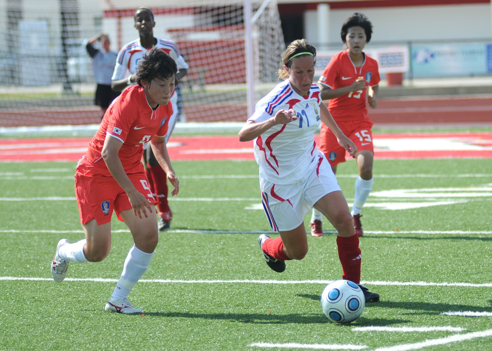 France and The Republic of South Korea compete during the 5th CISM Women’s Soccer Championship at the Gulfport Sports Complex 11 June.  The CISM tournament, hosted by Keesler Air Force Base, includes teams from Brazil, Canada, France, Germany, The Netherlands, The Republic of South Korea and the United States.  Matches are being held June 6 to 13, with the Gold match June 13 at 2 p.m.  Organizers say the tournament gives teams and people who attend a chance to develop bonds and life-long friendships between the countries and a chance to learn about one another’s cultural similarities and differences.  (U.S. Air Force photo by Kemberly Groue)