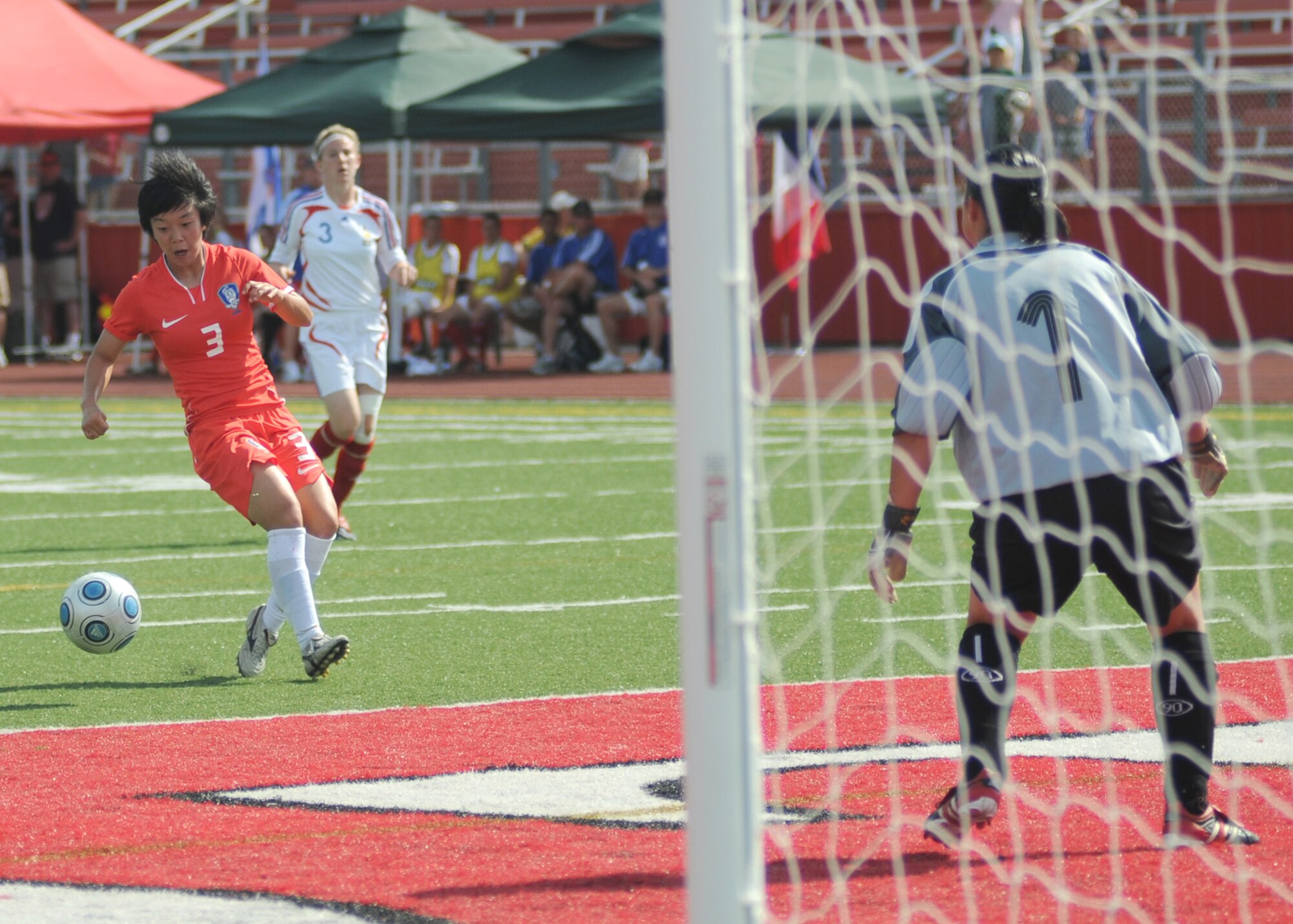 France and The Republic of South Korea compete during the 5th CISM Women’s Soccer Championship at the Gulfport Sports Complex 11 June.  The CISM tournament, hosted by Keesler Air Force Base, includes teams from Brazil, Canada, France, Germany, The Netherlands, The Republic of South Korea and the United States.  Matches are being held June 6 to 13, with the Gold match June 13 at 2 p.m.  Organizers say the tournament gives teams and people who attend a chance to develop bonds and life-long friendships between the countries and a chance to learn about one another’s cultural similarities and differences.  (U.S. Air Force photo by Kemberly Groue)