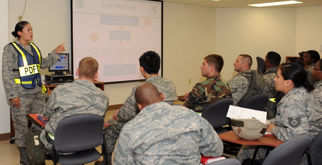 LANGLEY AIR FORCE BASE, Va. -- 1st Lt. Krista Barajas, 1st Force Support Squadron section commander, briefs Airmen during an Operational Readiness Exercise pre-deployment briefing June 12. The June 2009 Phase I ORE was conducted to test and prepare Langley Airmen for future deployments. (U.S. Air Force photo/Airman 1st Class Gul Crockett)