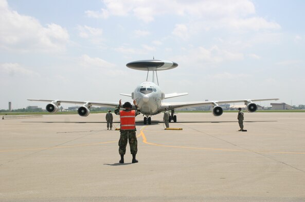 Later this month, a crew from the 552nd Air Control Wing will take an E-3
Sentry up to Oregon to participate in Amalgam Dart '09, a major U.S.
Northern Command air defense exercise. The AWACS will provide all-weather
surveillance, command, control and communications needed by air defense
forces. Air Force photo by 1st Lt. Kinder Blacke.