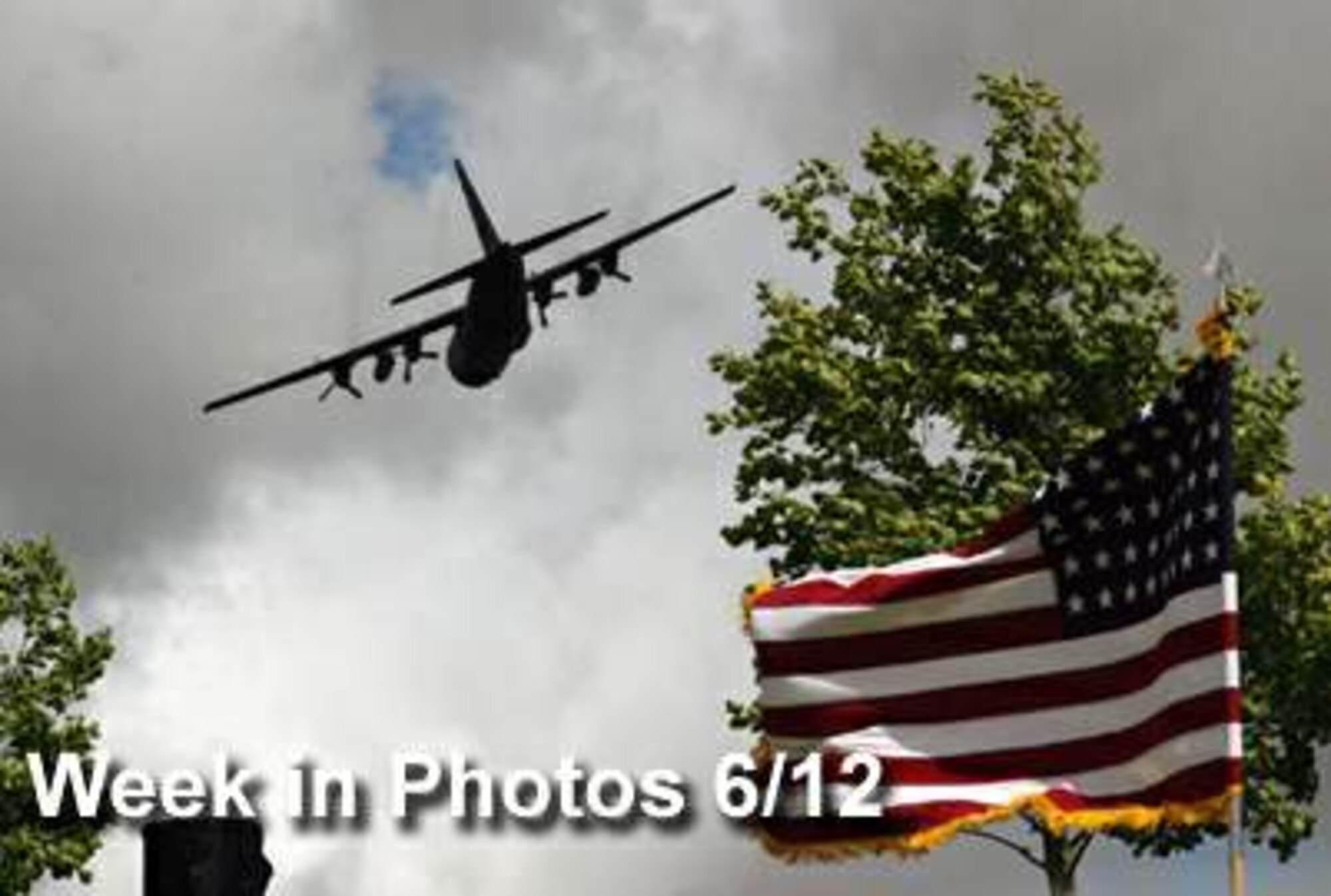 Air Force Week in Photos for June 12 highlights photos from around the Air Force.  In this photo, a C-130 Hercules flies over the Iron Mike memorial at La Fierre, France.  (U.S. Air Force photo illustration)

