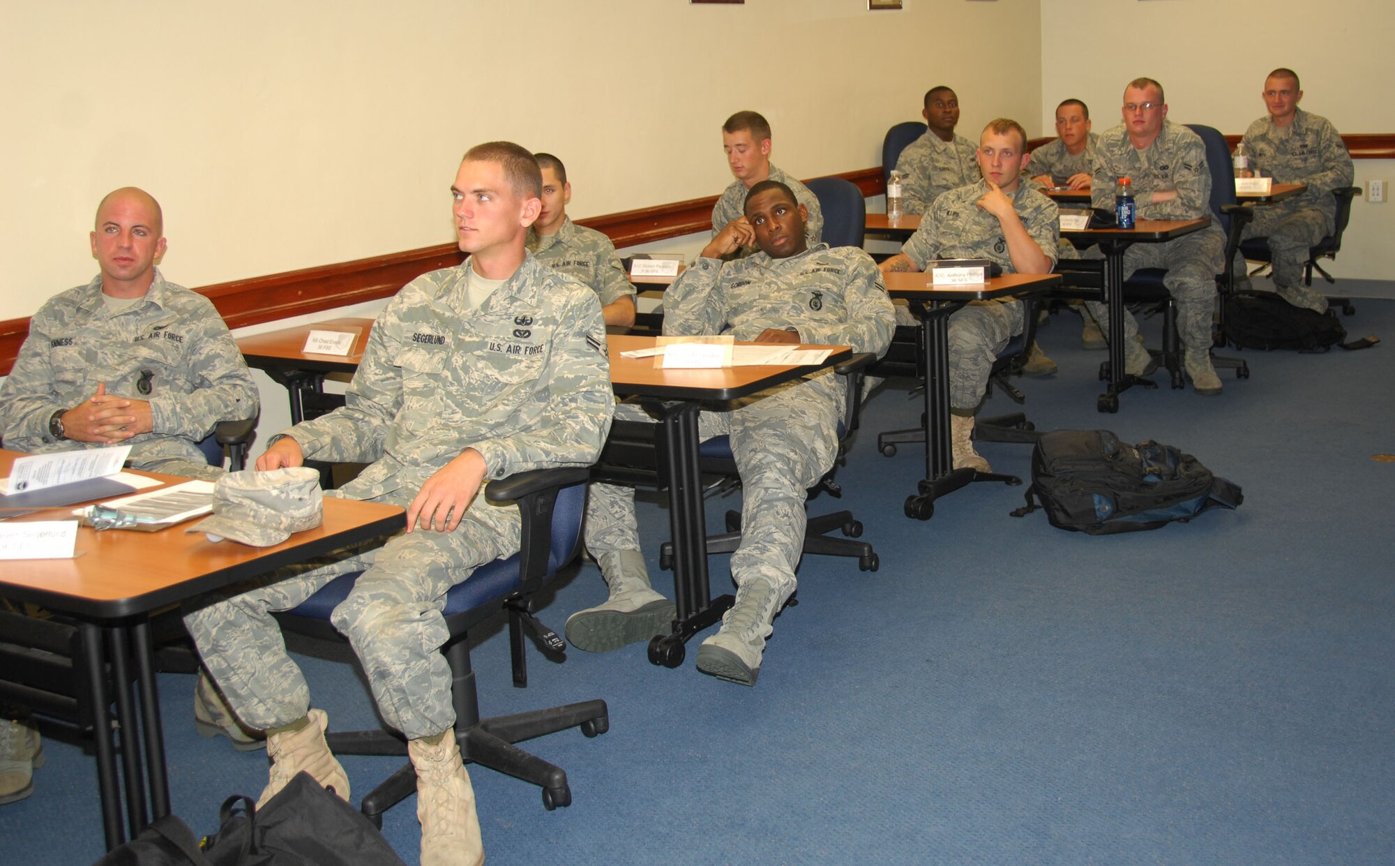 ANDERSEN AIR FORCE BASE, Guam - First-term Airmen listen to an information technology briefing at the First Term Airmen Center June 10. During the two-week course, Airmen receive briefings on various topics, including safety, financial management and legal services. (U.S. Air Force photo by Senior Airman Shane Dunaway)