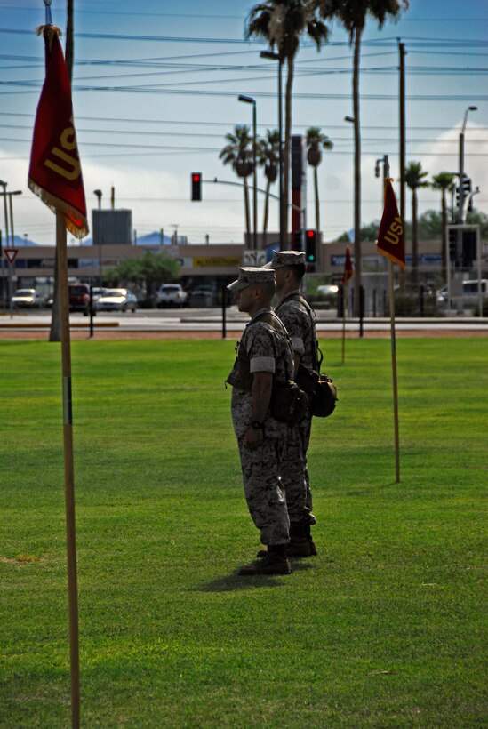 Col. Clyde M. Woltman, left, former Marine Aircraft Group 13 commanding officer, and Col. Anton H. Nerad, the unit’s new commanding officer, review marching troops during unit’s the change of command at the Marine Corps Air Station in Yuma, Ariz., June 12, 2009. Woltman will continue on to Headquarters Marine Corps in Washington, D.C., to work in the plans, policies and operations department. Nerad is taking command of the unit after serving in various billets with the 1st Marine Aircraft Wing in Okinawa, Japan.