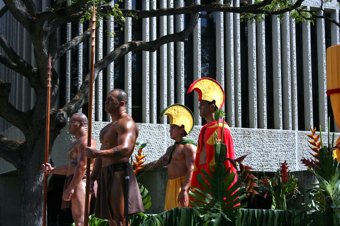 John G. Keoni Kilbey III (in red cape) portrays King Kamehameha the Great, uniter of the Hawaiian Islands, in the 93rd King Kamehameha Day Floral Parade in Honolulu, Hawaii, on Saturday, June 13, 2009.  The annual parade features floats, mounted units, and military and high school bands and marching units.  The 4.3-mile parade route starts at Iolani Palace in downtown Honolulu and makes its way through Waikiki to Kapiolani Park.