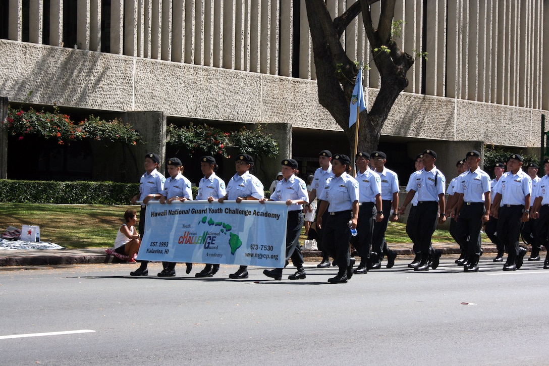 Cadets from the Hawaii National Guard Youth Challenge Academy march in the 93rd King Kamehameha Day Floral Parade in Honolulu, Hawaii, on Saturday, June 13, 2009.  The annual parade features floats, mounted units, and military and high school bands and marching units.  The 4.3-mile parade route starts at Iolani Palace in downtown Honolulu and makes its way through Waikiki to Kapiolani Park.