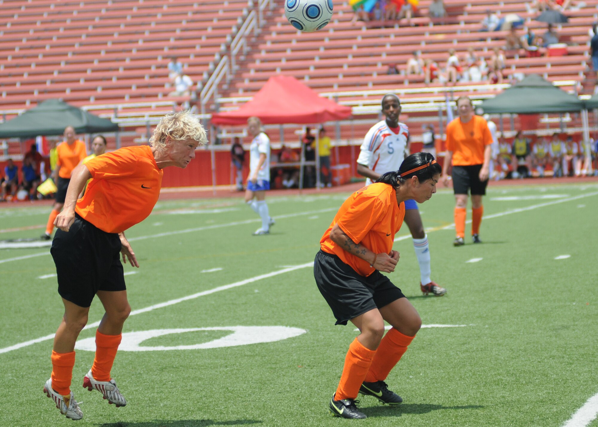 In a match that went into overtime, The Netherlands held on to win the bronze medal over France, 2-1, during the final day of the 5th CISM Women’s Soccer Championship at the Biloxi High Stadium, June 13.  The CISM tournament, hosted by Keesler Air Force Base, also included teams from Germany, Canada Brazil, the Republic of South Korea and the United States.   The Brazilian team won the gold medal and Korea earned the silver medal. (U.S. Air Force photo by Kemberly Groue)