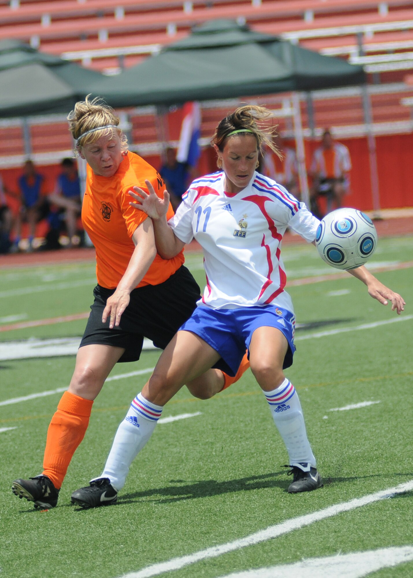 In a match that went into overtime, The Netherlands held on to win the bronze medal over France, 2-1, during the final day of the 5th CISM Women’s Soccer Championship at the Biloxi High Stadium, June 13.  The CISM tournament, hosted by Keesler Air Force Base, also included teams from Germany, Canada Brazil, the Republic of South Korea and the United States.   The Brazilian team won the gold medal and Korea earned the silver medal. (U.S. Air Force photo by Kemberly Groue)