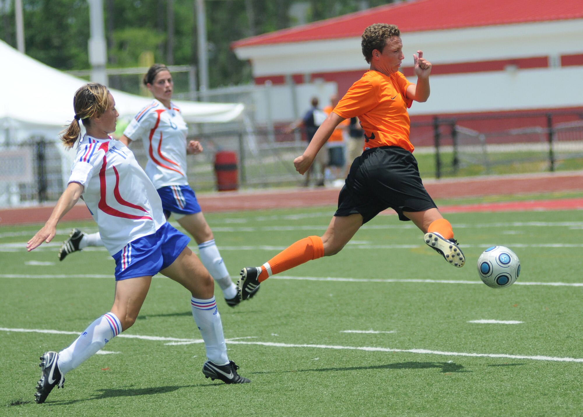 In a match that went into overtime, The Netherlands held on to win the bronze medal over France, 2-1, during the final day of the 5th CISM Women’s Soccer Championship at the Biloxi High Stadium, June 13.  The CISM tournament, hosted by Keesler Air Force Base, also included teams from Germany, Canada Brazil, the Republic of South Korea and the United States.   The Brazilian team won the gold medal and Korea earned the silver medal. (U.S. Air Force photo by Kemberly Groue)