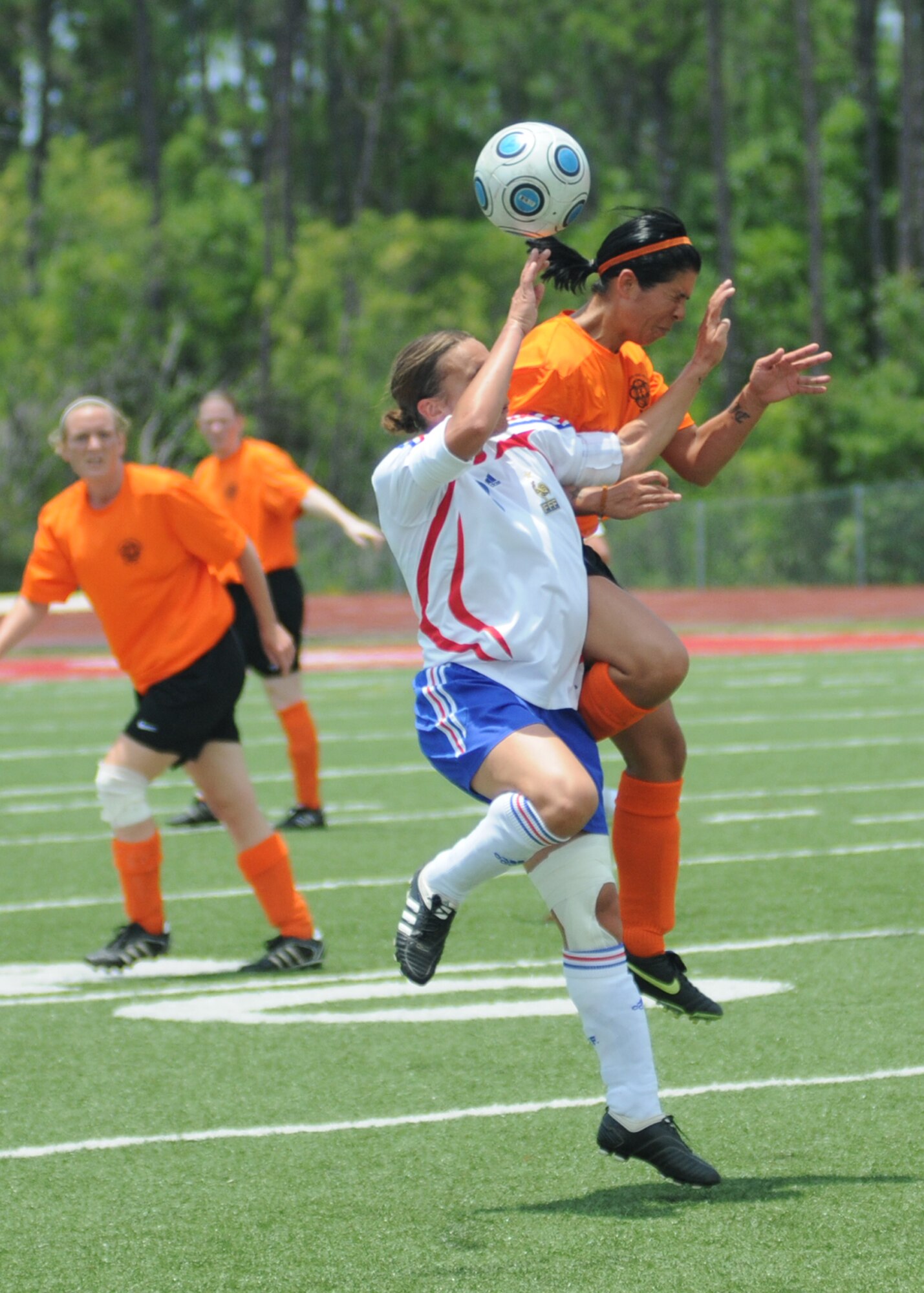 In a match that went into overtime, The Netherlands held on to win the bronze medal over France, 2-1, during the final day of the 5th CISM Women’s Soccer Championship at the Biloxi High Stadium, June 13.  The CISM tournament, hosted by Keesler Air Force Base, also included teams from Germany, Canada Brazil, the Republic of South Korea and the United States.   The Brazilian team won the gold medal and Korea earned the silver medal. (U.S. Air Force photo by Kemberly Groue)