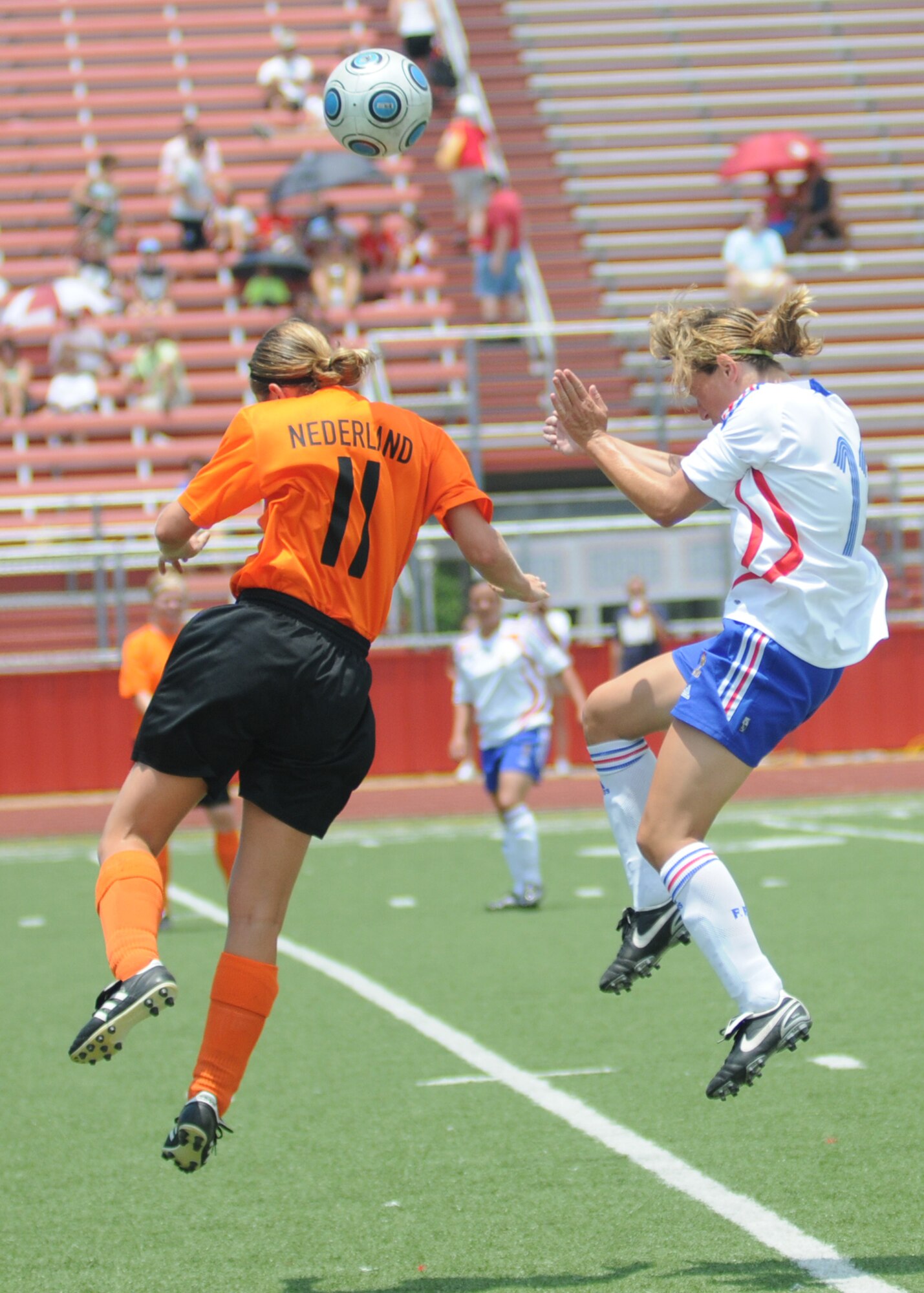 In a match that went into overtime, The Netherlands held on to win the bronze medal over France, 2-1, during the final day of the 5th CISM Women’s Soccer Championship at the Biloxi High Stadium, June 13.  The CISM tournament, hosted by Keesler Air Force Base, also included teams from Germany, Canada Brazil, the Republic of South Korea and the United States.   The Brazilian team won the gold medal and Korea earned the silver medal. (U.S. Air Force photo by Kemberly Groue)