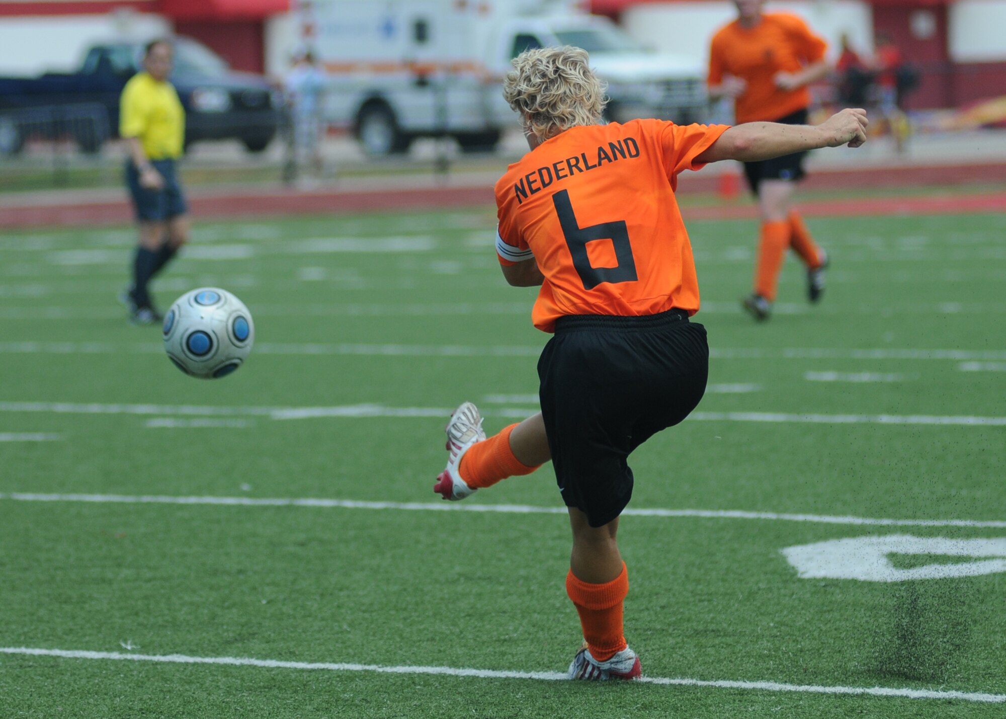 In a match that went into overtime, The Netherlands held on to win the bronze medal over France, 2-1, during the final day of the 5th CISM Women’s Soccer Championship at the Biloxi High Stadium, June 13.  The CISM tournament, hosted by Keesler Air Force Base, also included teams from Germany, Canada Brazil, the Republic of South Korea and the United States.   The Brazilian team won the gold medal and Korea earned the silver medal. (U.S. Air Force photo by Kemberly Groue)