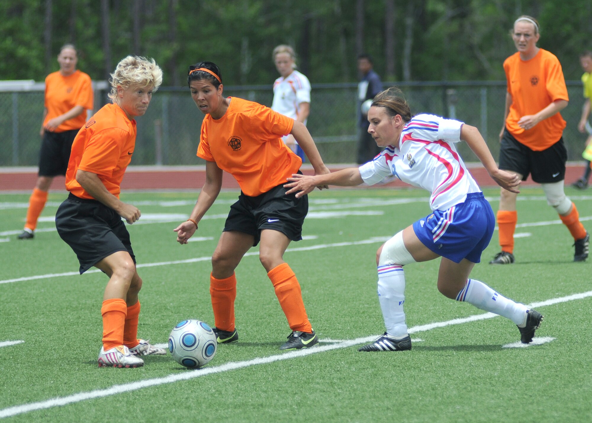 In a match that went into overtime, The Netherlands held on to win the bronze medal over France, 2-1, during the final day of the 5th CISM Women’s Soccer Championship at the Biloxi High Stadium, June 13.  The CISM tournament, hosted by Keesler Air Force Base, also included teams from Germany, Canada Brazil, the Republic of South Korea and the United States.   The Brazilian team won the gold medal and Korea earned the silver medal. (U.S. Air Force photo by Kemberly Groue)