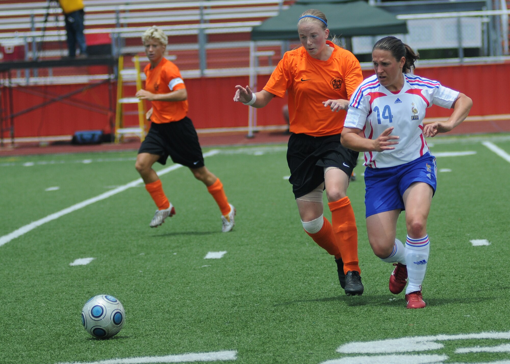 In a match that went into overtime, The Netherlands held on to win the bronze medal over France, 2-1, during the final day of the 5th CISM Women’s Soccer Championship at the Biloxi High Stadium, June 13.  The CISM tournament, hosted by Keesler Air Force Base, also included teams from Germany, Canada Brazil, the Republic of South Korea and the United States.   The Brazilian team won the gold medal and Korea earned the silver medal. (U.S. Air Force photo by Kemberly Groue)
