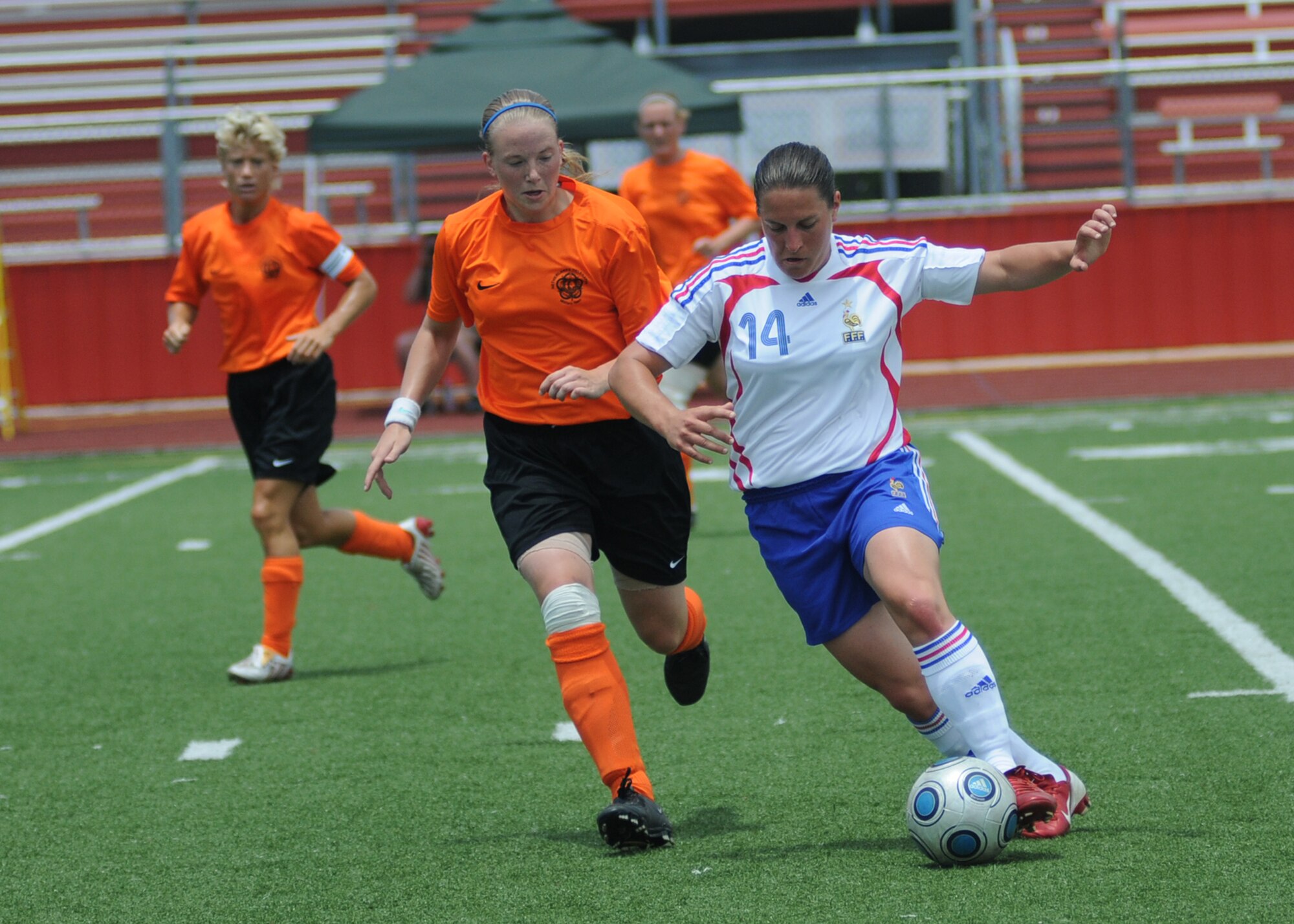 In a match that went into overtime, The Netherlands held on to win the bronze medal over France, 2-1, during the final day of the 5th CISM Women’s Soccer Championship at the Biloxi High Stadium, June 13.  The CISM tournament, hosted by Keesler Air Force Base, also included teams from Germany, Canada Brazil, the Republic of South Korea and the United States.   The Brazilian team won the gold medal and Korea earned the silver medal. (U.S. Air Force photo by Kemberly Groue)