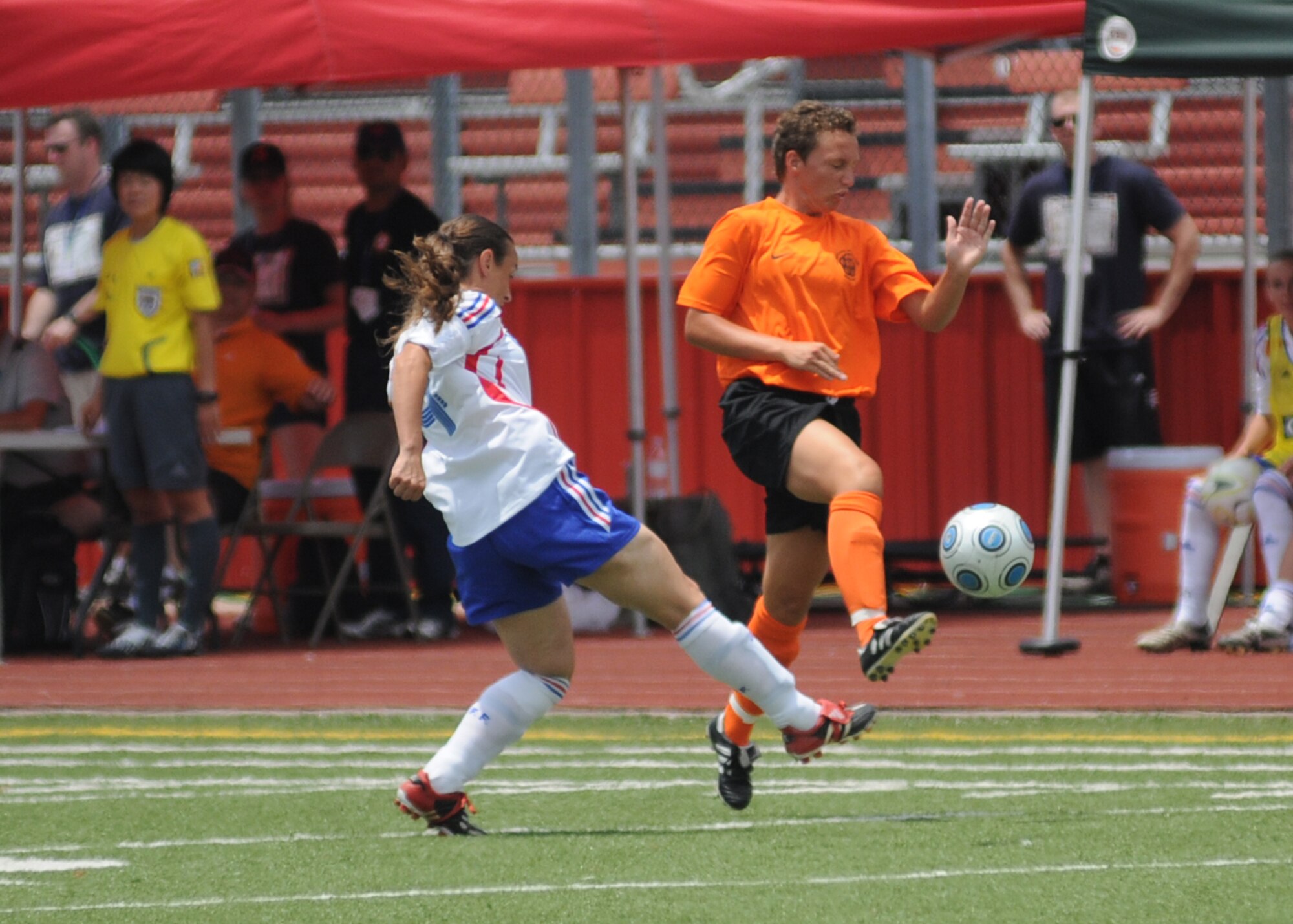 In a match that went into overtime, The Netherlands held on to win the bronze medal over France, 2-1, during the final day of the 5th CISM Women’s Soccer Championship at the Biloxi High Stadium, June 13.  The CISM tournament, hosted by Keesler Air Force Base, also included teams from Germany, Canada Brazil, the Republic of South Korea and the United States.   The Brazilian team won the gold medal and Korea earned the silver medal. (U.S. Air Force photo by Kemberly Groue)