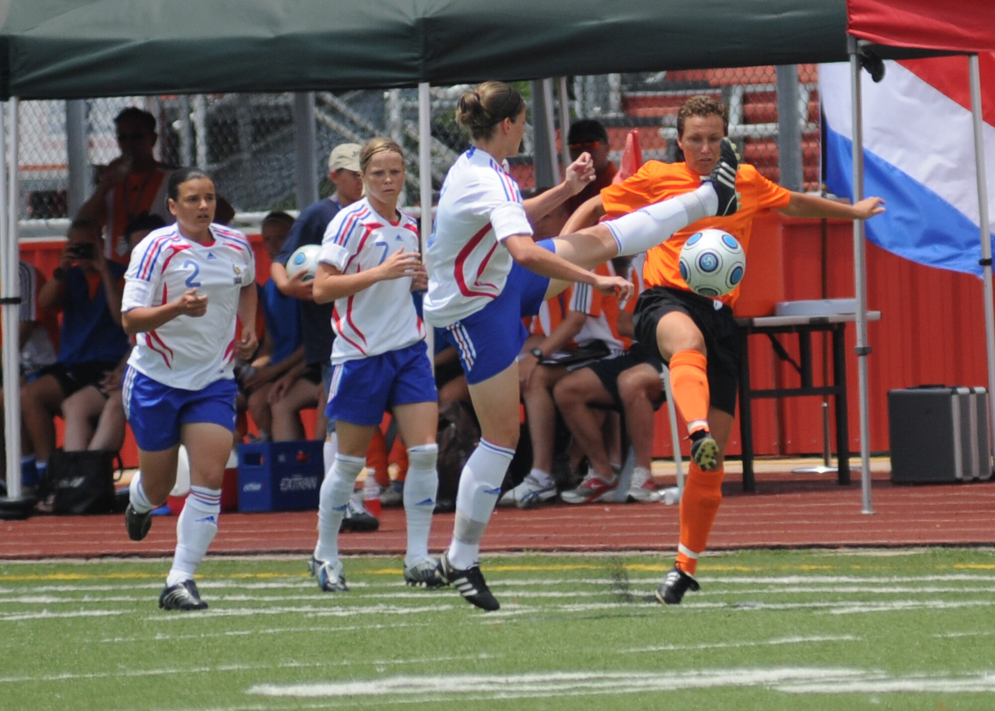 In a match that went into overtime, The Netherlands held on to win the bronze medal over France, 2-1, during the final day of the 5th CISM Women’s Soccer Championship at the Biloxi High Stadium, June 13.  The CISM tournament, hosted by Keesler Air Force Base, also included teams from Germany, Canada Brazil, the Republic of South Korea and the United States.   The Brazilian team won the gold medal and Korea earned the silver medal. (U.S. Air Force photo by Kemberly Groue)