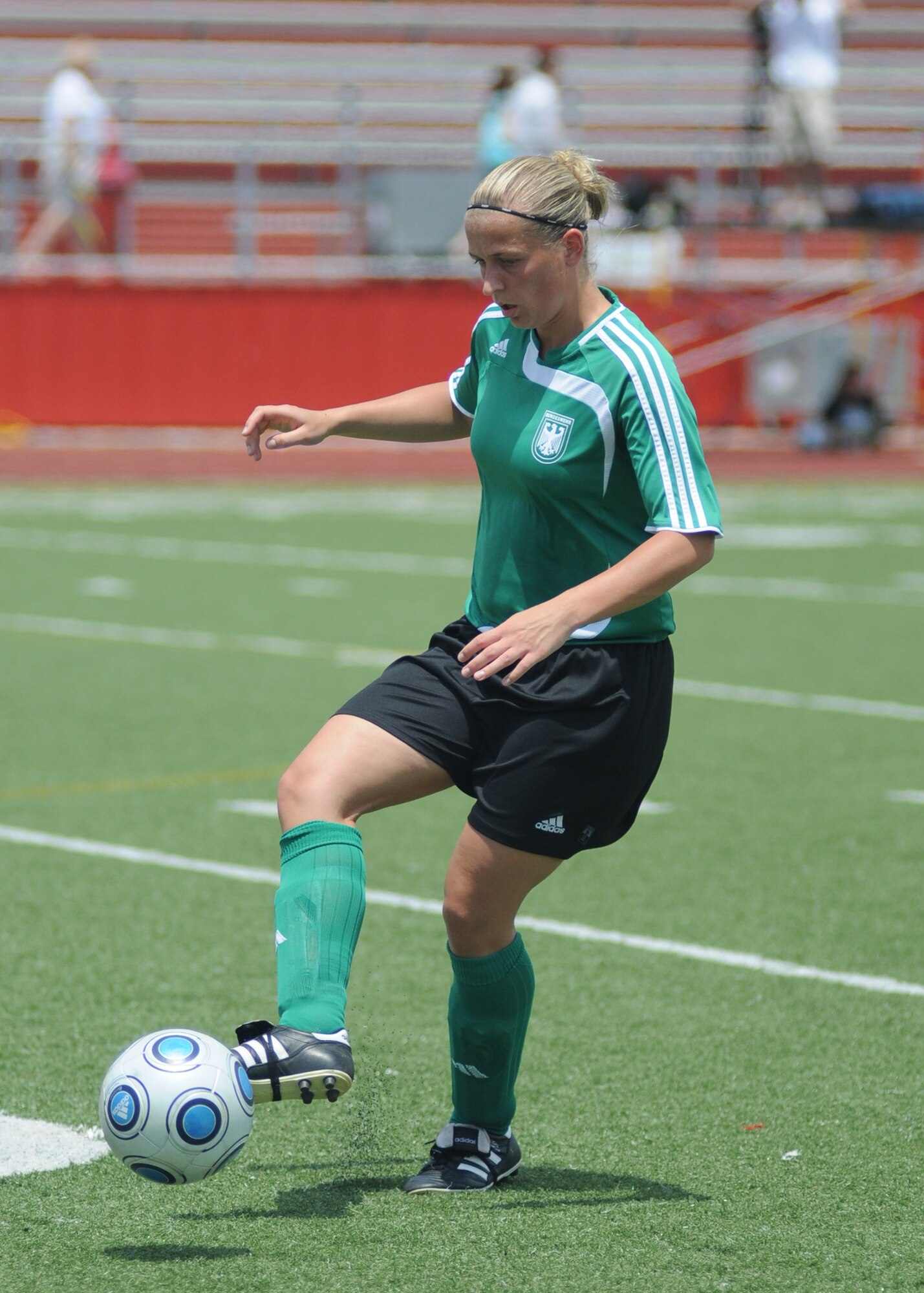 Germany took the consolation match over Canada, 4-1, during the final day of the 5th CISM Women’s Soccer Championship at the Biloxi High Stadium, June 13.  The CISM tournament, hosted by Keesler Air Force Base, also included teams from Brazil, France, The Netherlands, the Republic of South Korea and the United States.   The Brazilian team won the gold medal, Korea earned the silver medal and The Netherlands took the bronze medal.  (U.S. Air Force photo by Kemberly Groue)